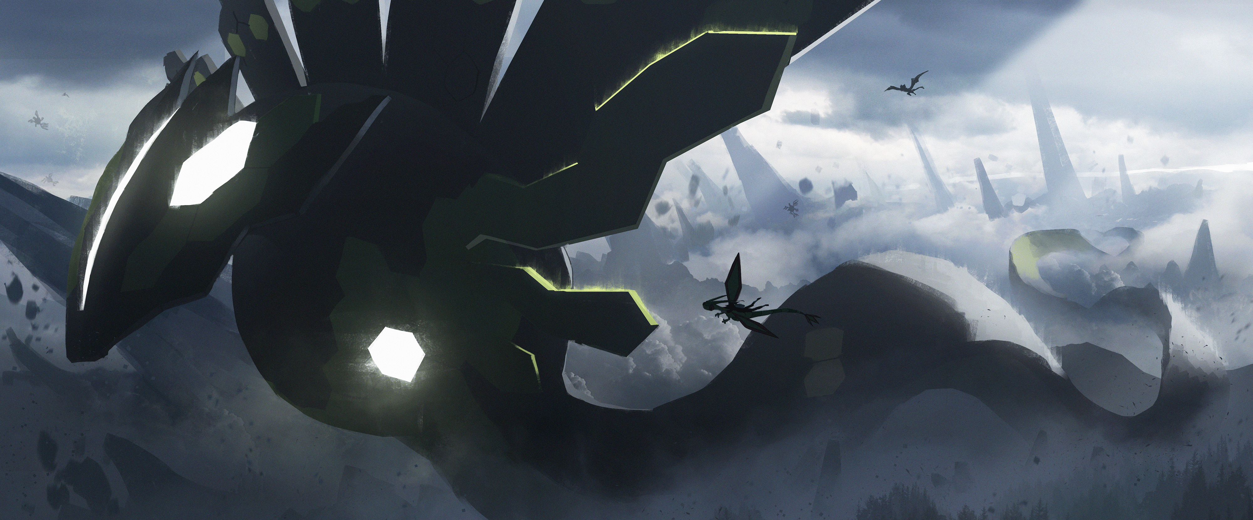 4000x1661 Anime Asteroid Artist Pokemon Zygarde Flygon Aerodactyl Wallpaper:4000x1661