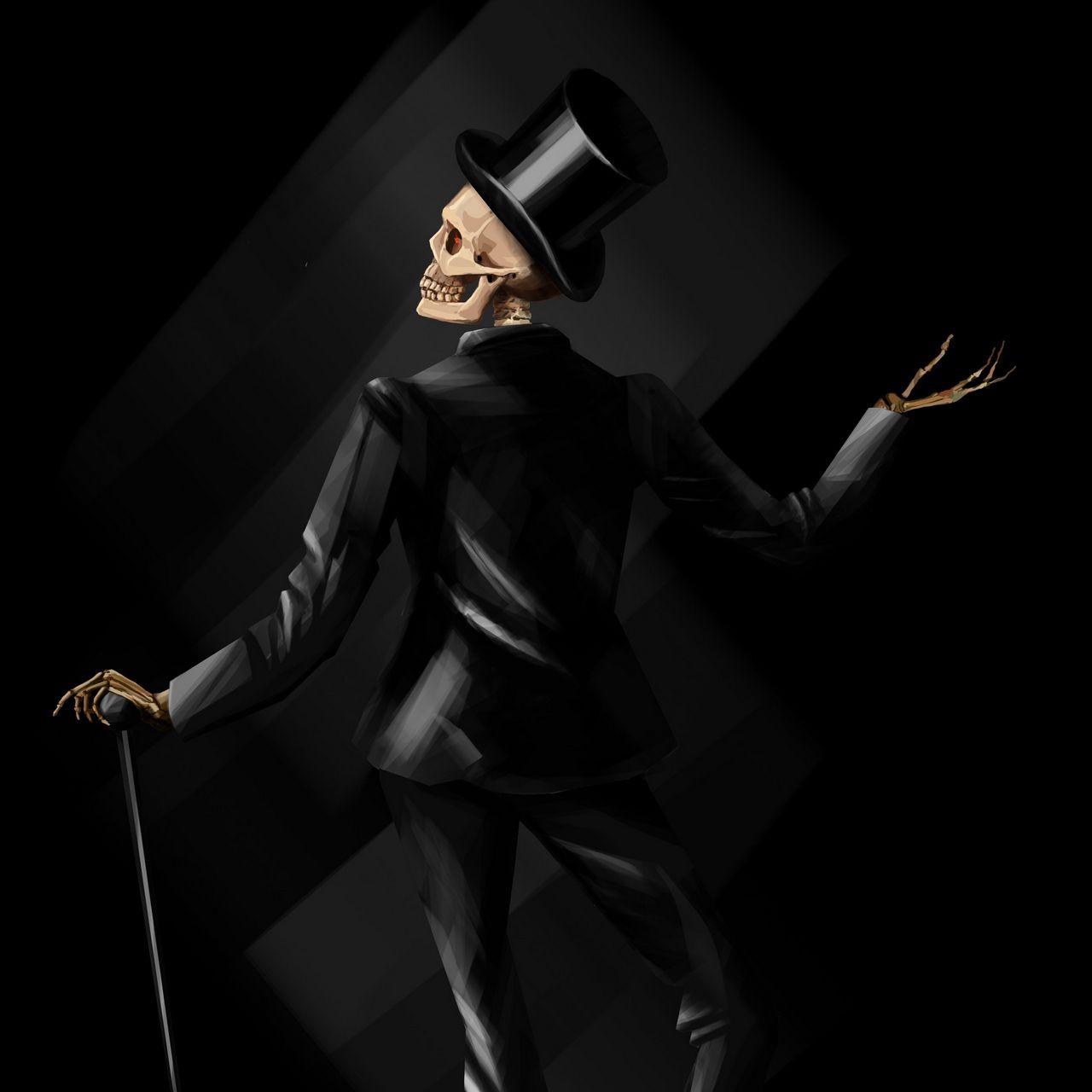 1280x1280 Download wallpaper 1280x1280 skeleton, costume, hat, art ipad, ipad ipad mini for parallax HD background