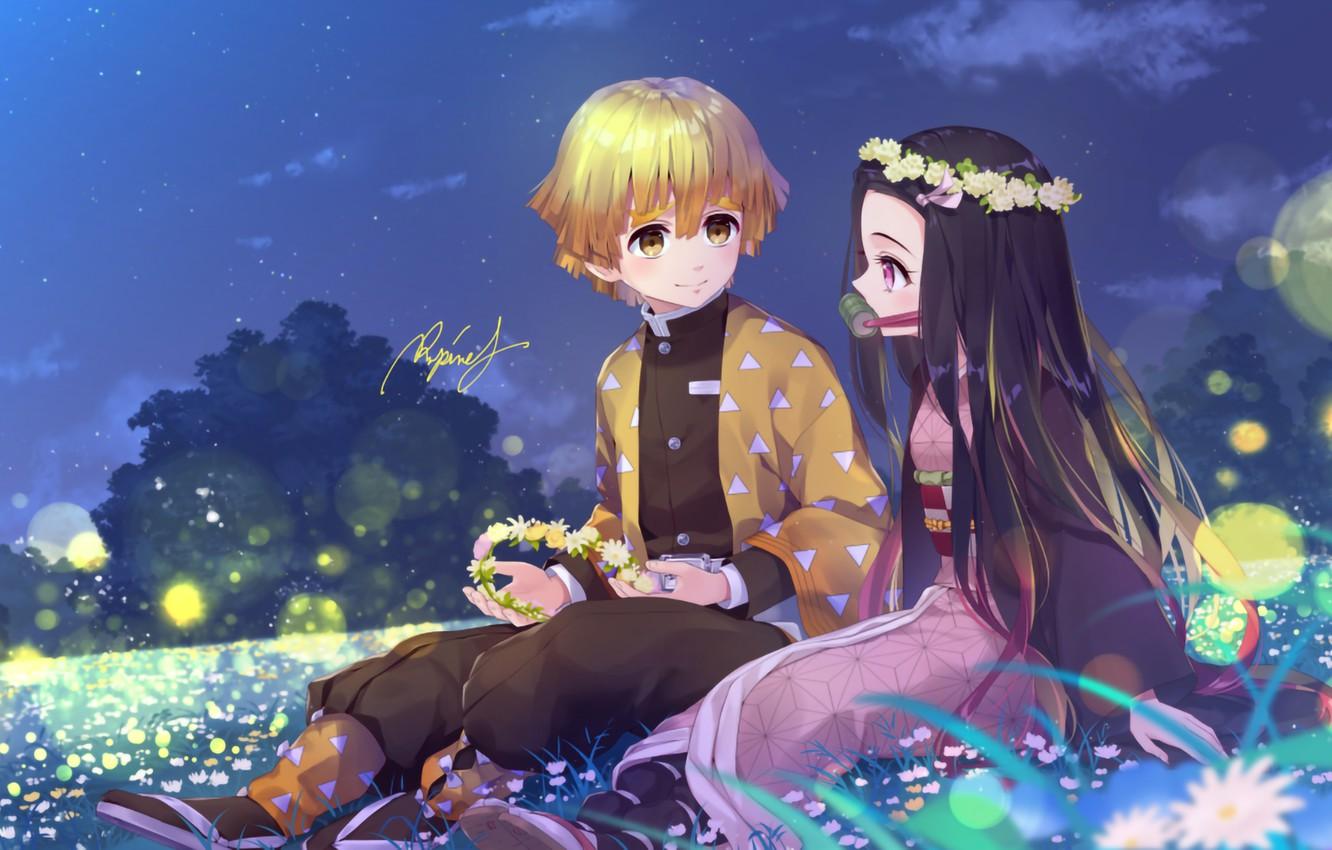 1332x850 Wallpaper girl, nature, guy, Demon Slayer Kimetsu no Yaiba, The Blade Cleaves Demons image for desktop, section сёнэн