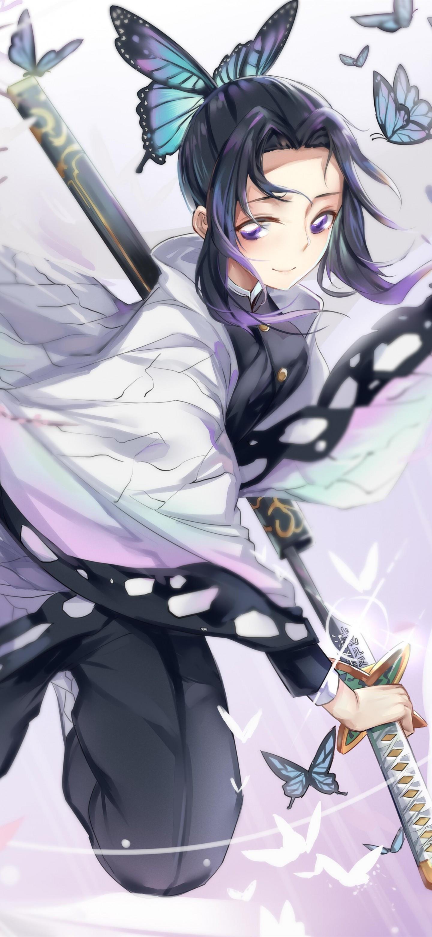 1440x3120 Download 1440x3120 Demon Slayer, Kochou Shinobu, Kimetsu No Yaiba, Katana, Butterflies Wallpaper for Huawei Mate 20 Pro, LG G7 ThinQ, LG V40 ThinQ