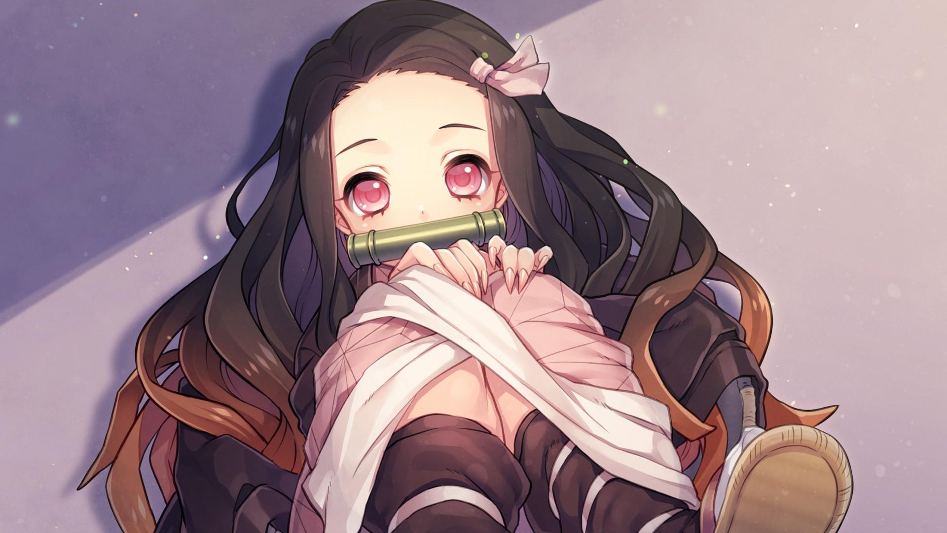 1920x1080 Demon Slayer Girl Kimetsu no Yaiba With Long Hair With Background Of Pink And Purple HD Anime Wallpaper