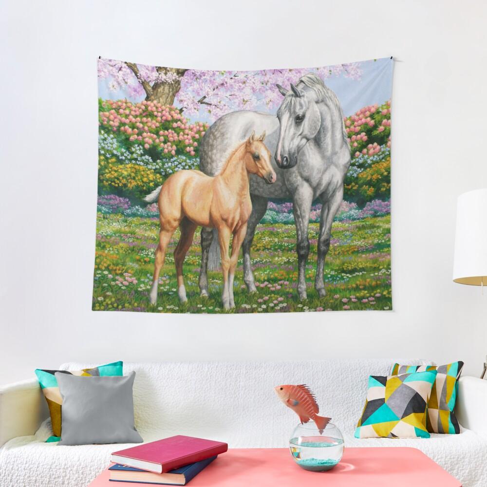 1000x1000 Dapple Gray Quarter Horse Mare & Palomino Foal Tapestry