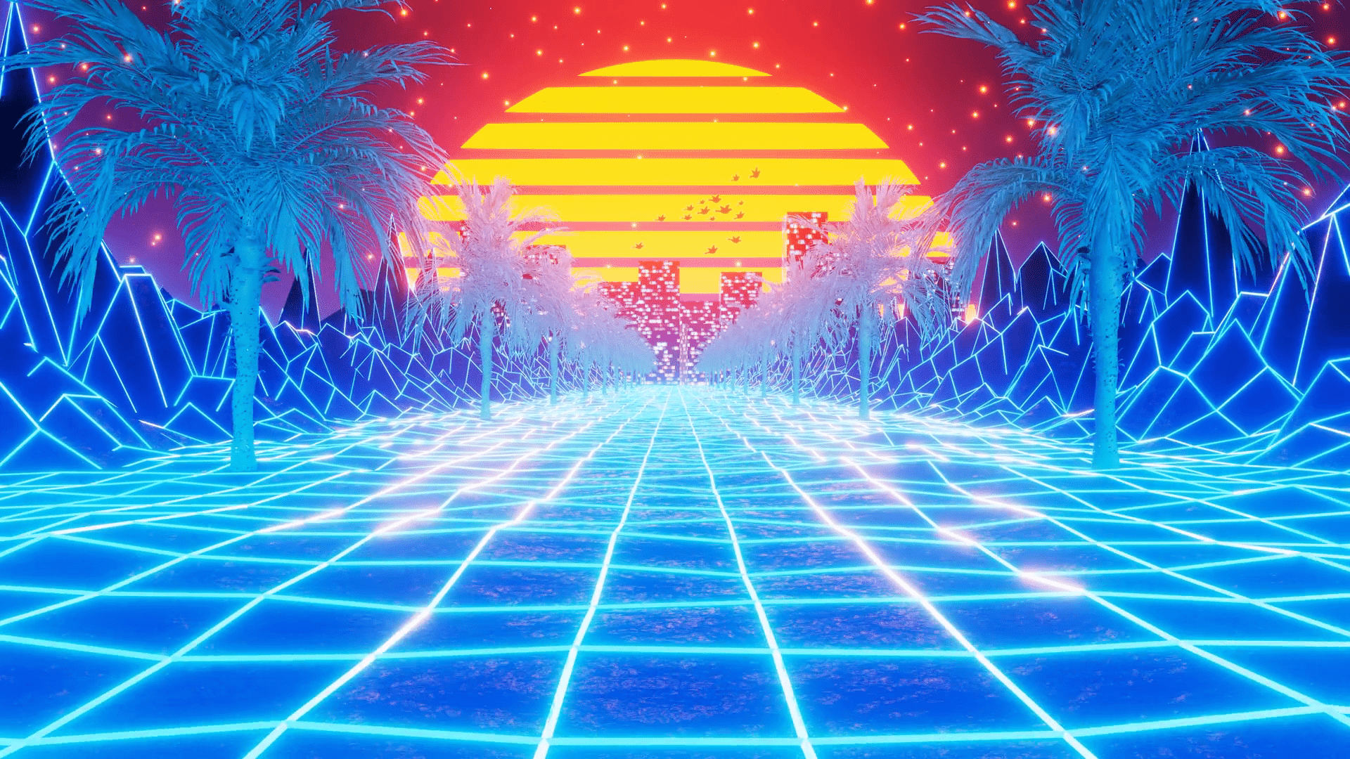 1920x1080 Retro 80s style synthwave sunrise with palm trees in perfect loop. 3D render animation. Motion Background