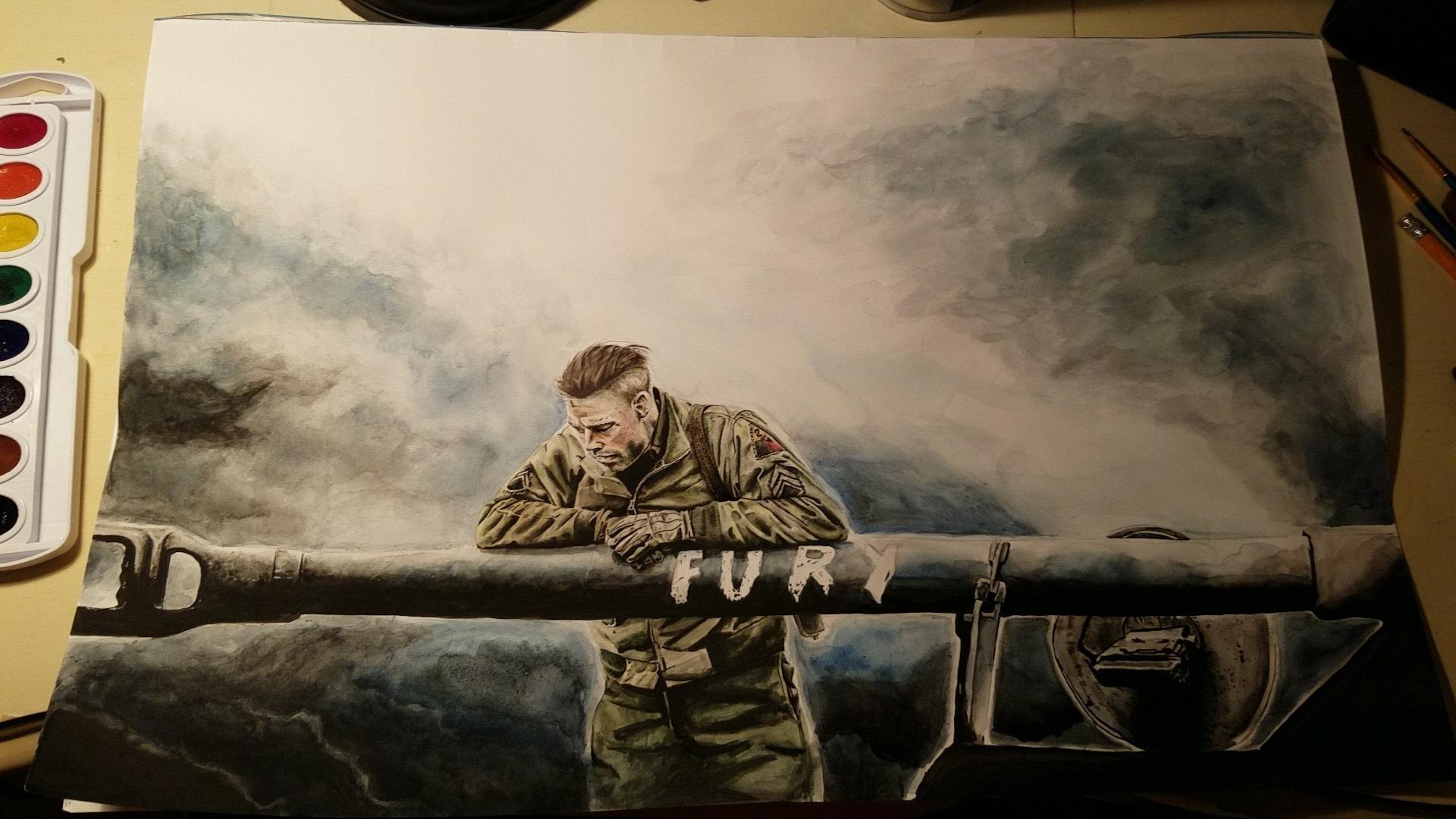 1920x1080 Wip of Brad Pitt in Fury (2014) Watercolor