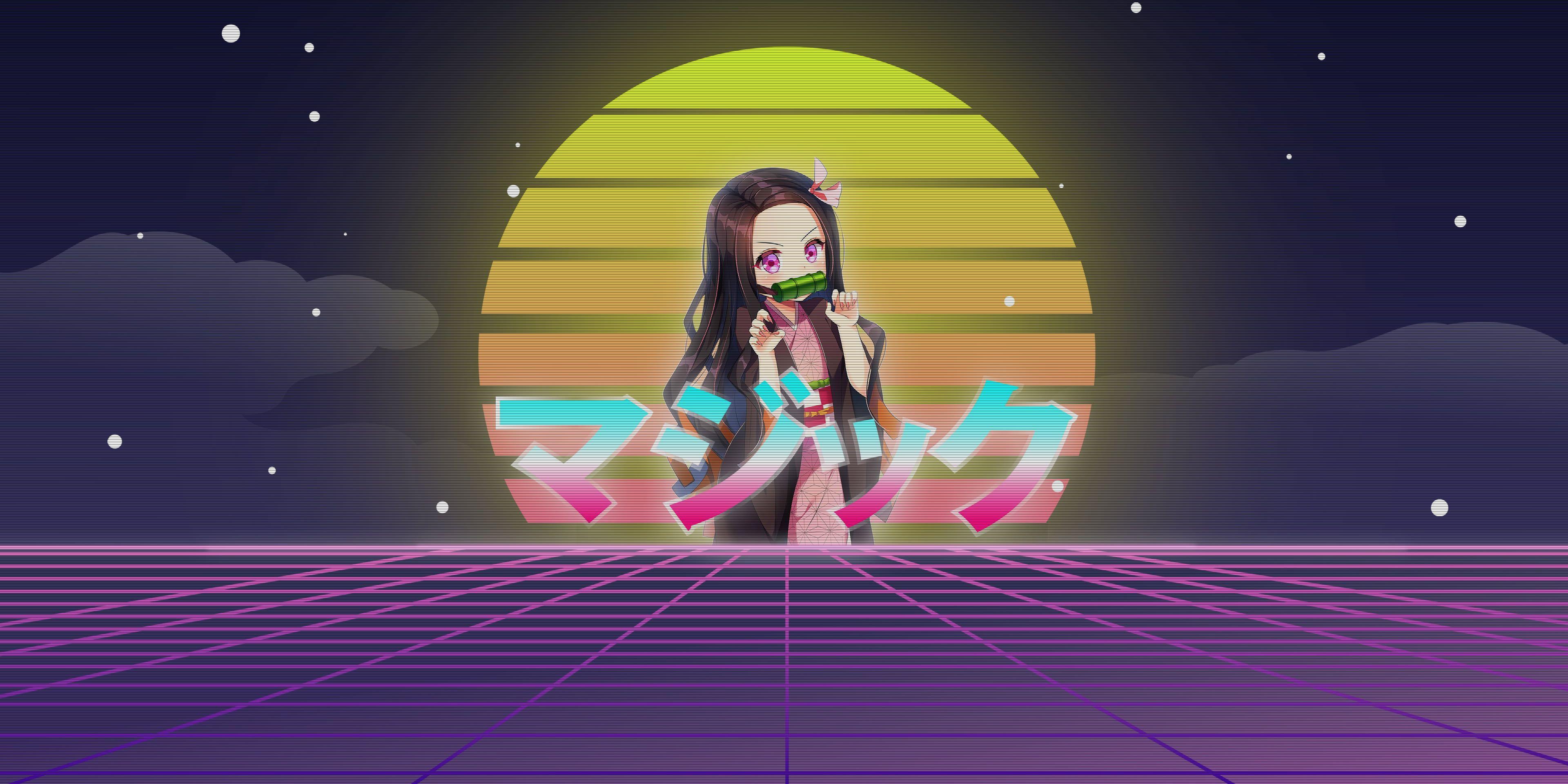 3840x1920 Anime Demon Slayer: Kimetsu no Yaiba Nezuko Kamado #Vaporwave K #wallpaper #hdwallpaper #desktop. Vaporwave wallpaper, 90 anime, Aesthetic wallpaper