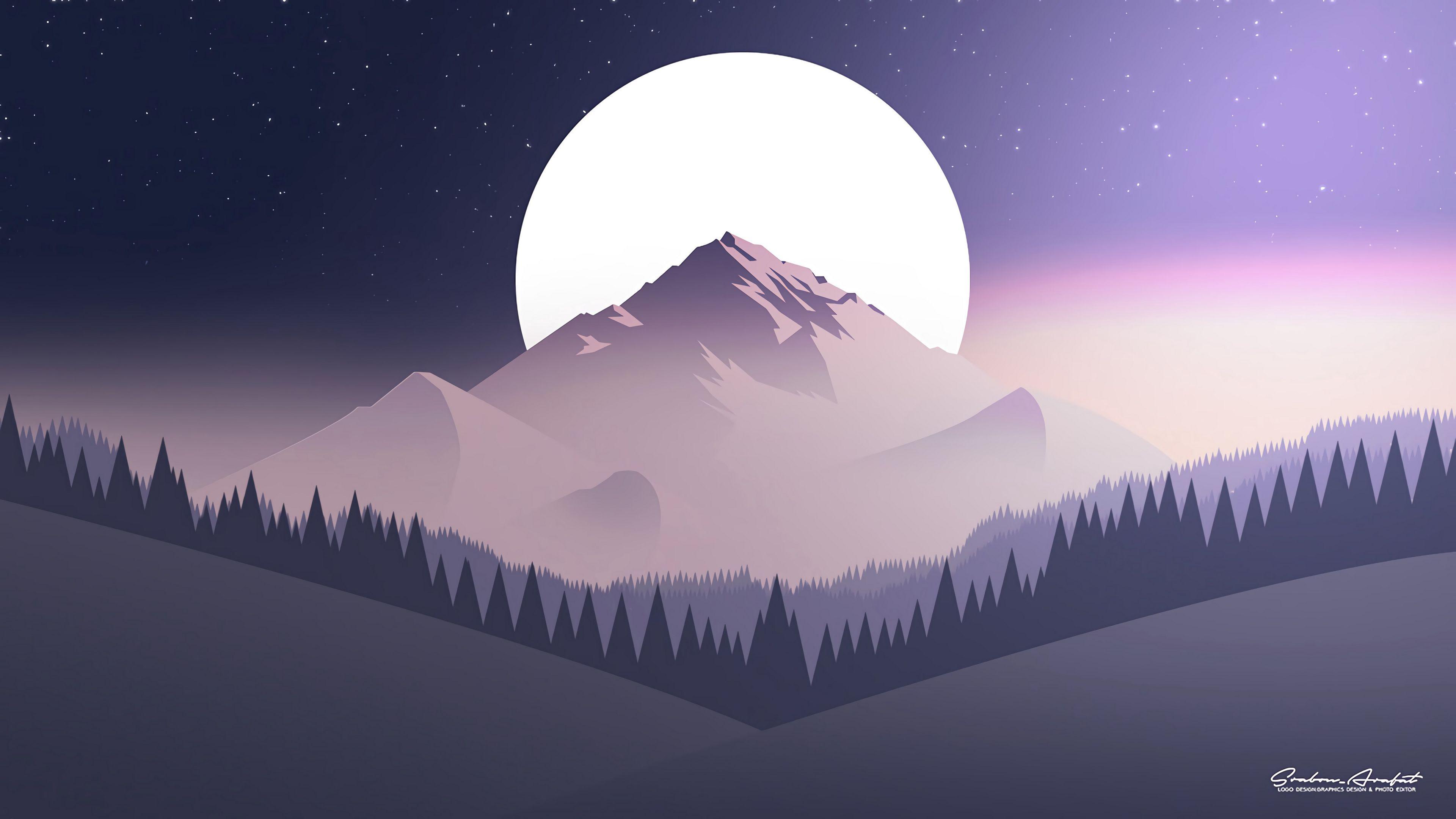 3840x2160 Download wallpaper 3840x2160 mountains, moon, forest, night, starry sky, vector, flat 4k uhd 16:9 HD background