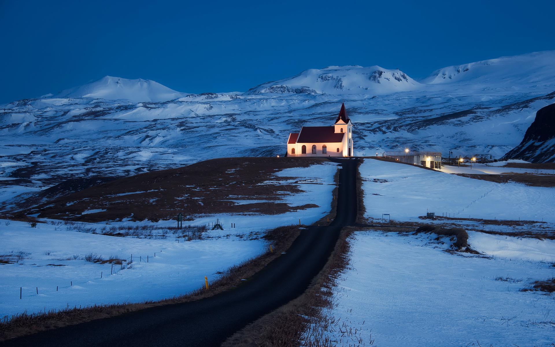1920x1200 iceland, Church, Light, Lighting, Road, Hills, Mountains, Snow, Blue, Sky, Night Wallpaper HD / Desktop and Mobile Background