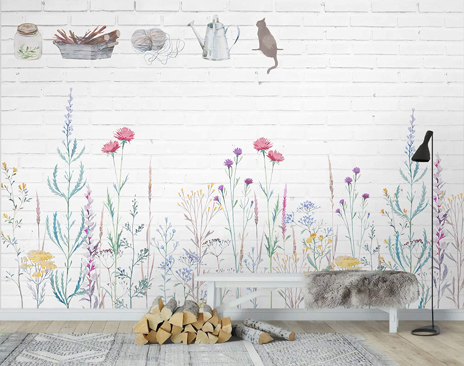1500x1182 Murwall Watercolor Wallpaper Floral Wallpaper Colorful Plants Wall Print White Brick Wall Art Industrial Home Decor Cafe Design : Handmade Products