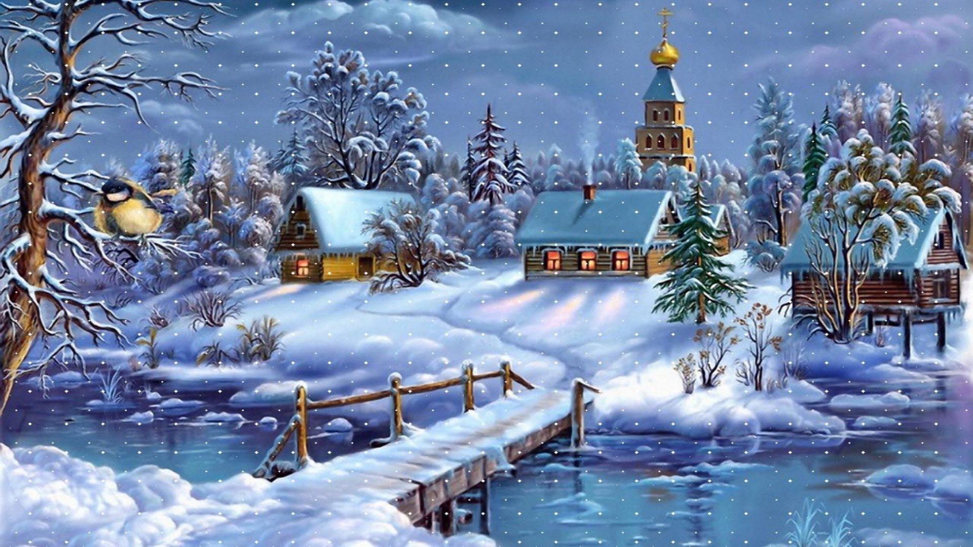 1920x1080 Winter Landscape Village Church River Wooden Bridge Layer Of Snow Art Wallpaper For Deskx1200 :