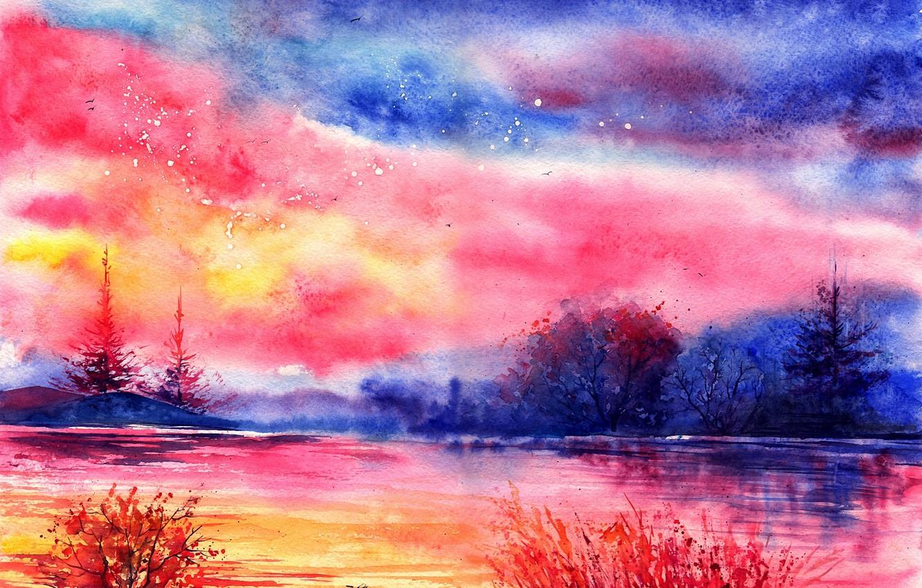 1332x850 Wallpaper trees, birds, the evening, watercolor, painted landscape, cloud. river image for desktop, section живопись