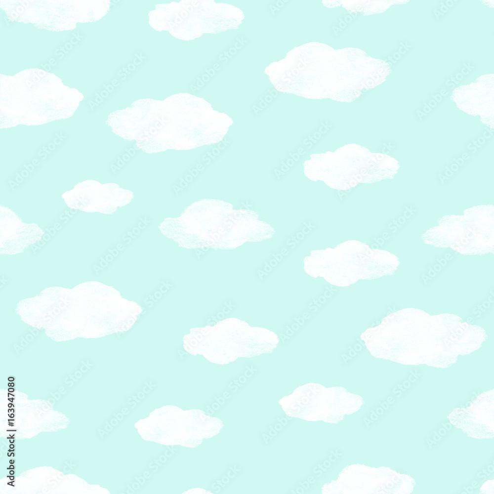 1000x1000 Hand painted seamless watercolor pattern. Abstract watercolor clouds on mint background. Seamless pattern with watercolor white clouds. Stock Illustration
