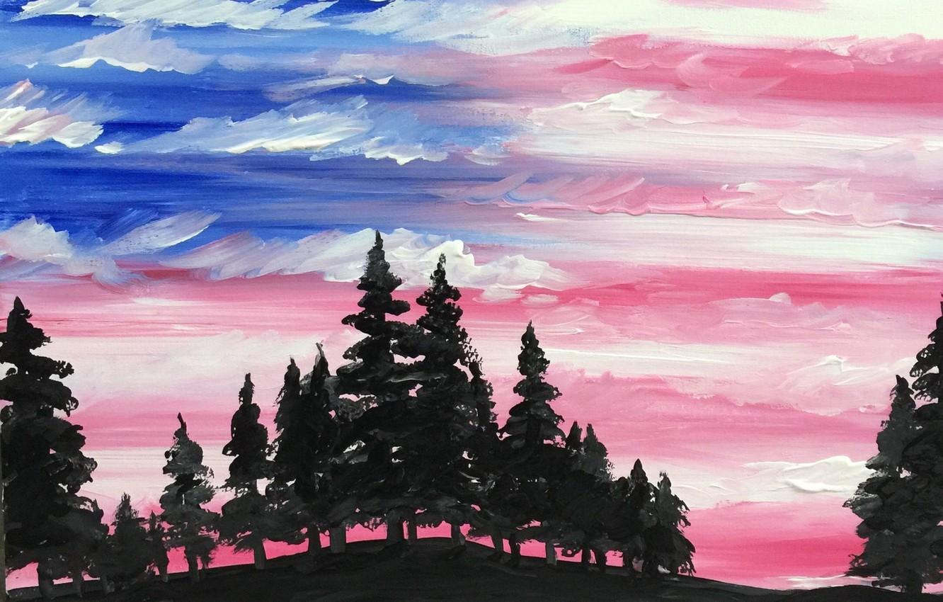 1332x850 Wallpaper forest, the sky, clouds, trees, sunset, abstraction, strip, flag, horizon, watercolor, strokes image for desktop, section живопись