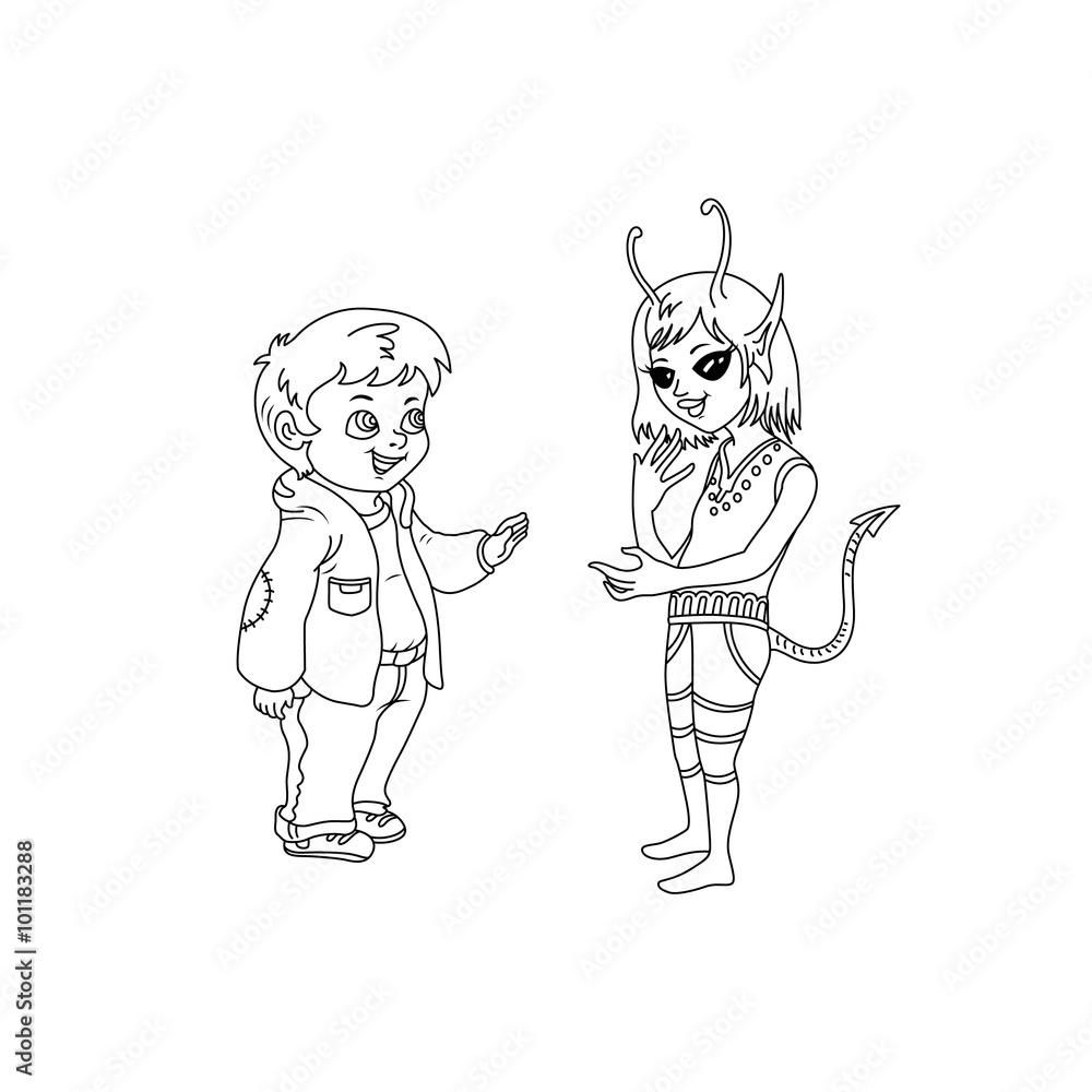 1000x1000 Line Art / Coloring Book Illustration for Children: The Boy Meet an Alien Girl. Realistic Fantastic Cartoon Style Artwork Scene, Wallpaper, Story Background, Card Design Stock Illustration
