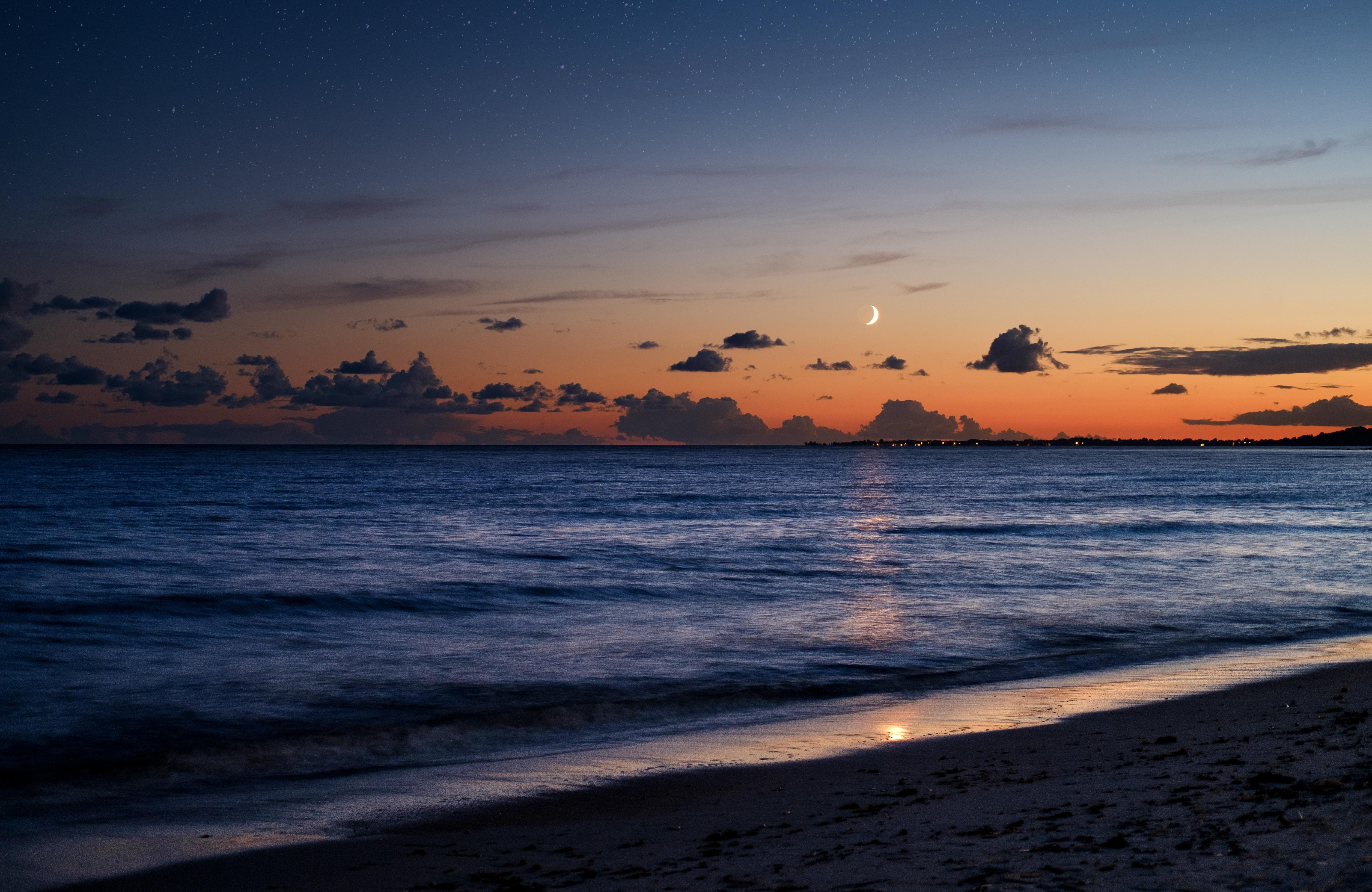 5949x3870 Beach Sea Evening Moon 5k, HD Nature, 4k Wallpaper, Image, Background, Photo and Picture