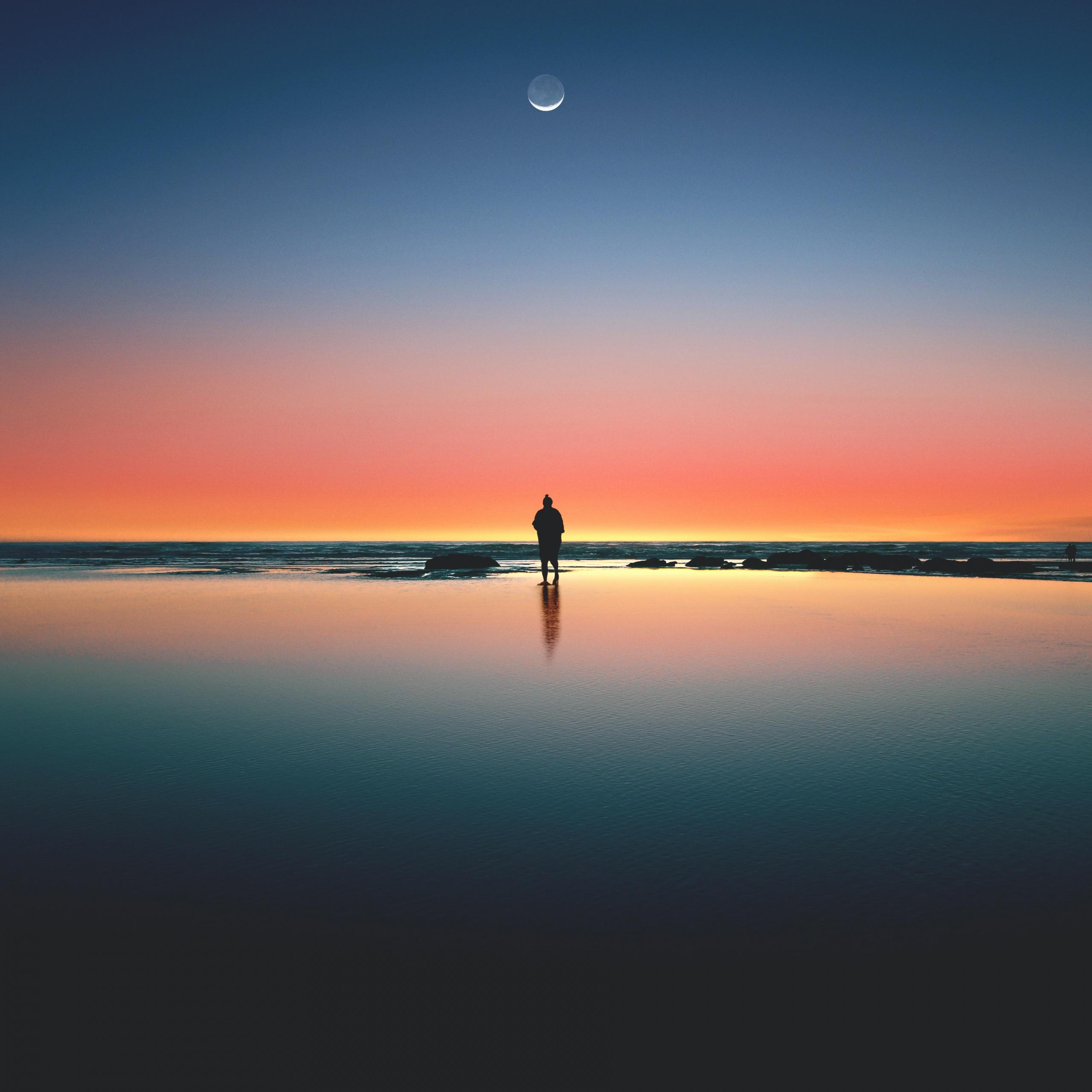 2560x2560 Horizon Wallpaper 4K, Beach, Man, Alone, Sunset, Silhouette, Nature