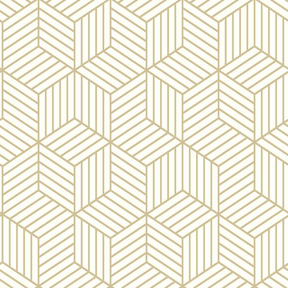 1000x1000 Stripped Hexagon Peel & Stick Wallpaper in White and Gold