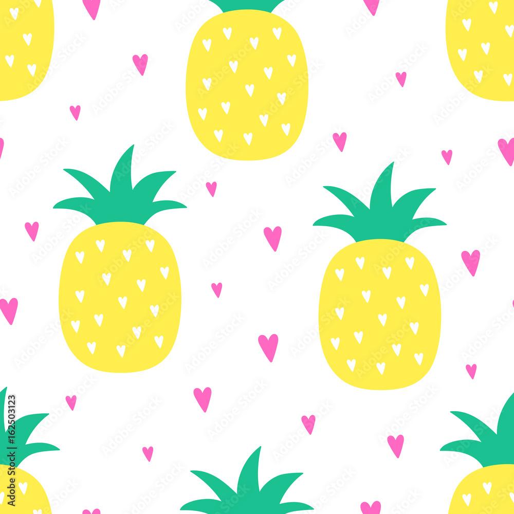 1000x1000 Vector seamless pineapple fruit pattern. Very bright colorful cute cartoon background (wallpaper, fabric). Childish style, abstract pop art Stock Vector