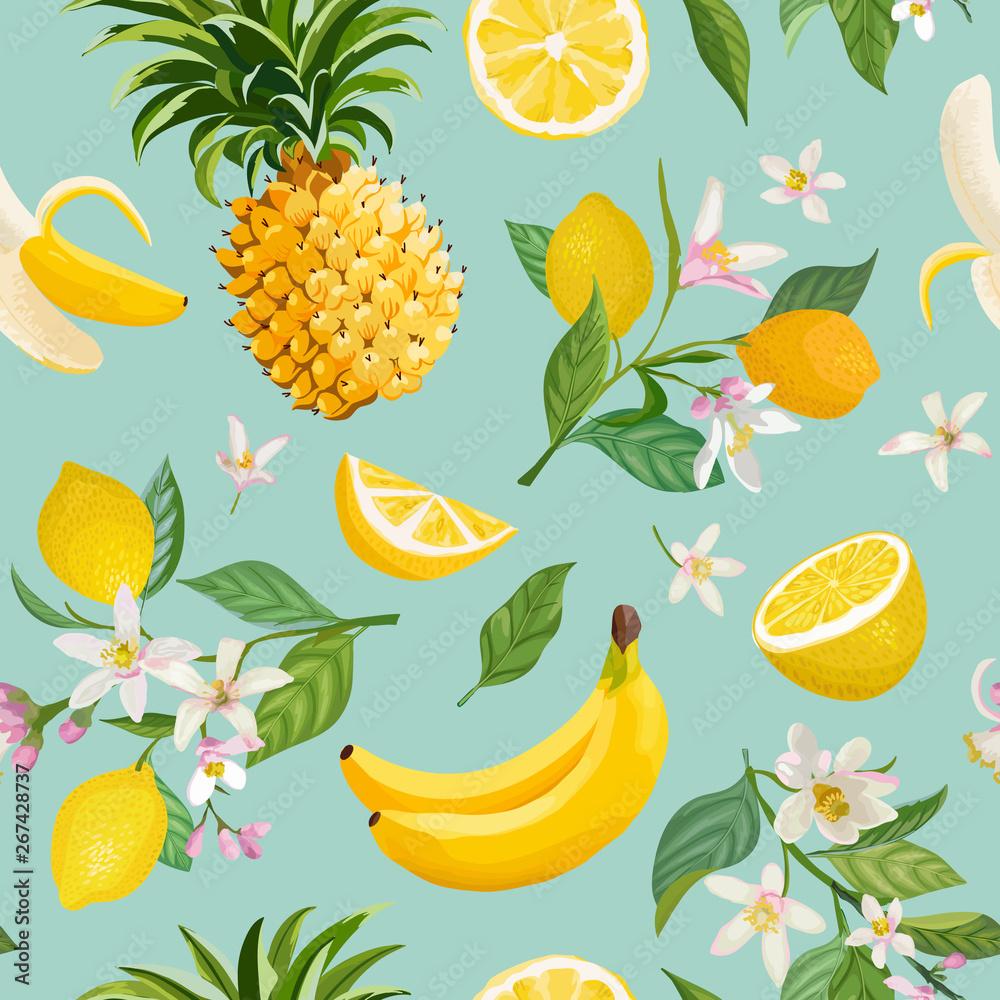 1000x1000 Wall mural Seamless Tropical Fruit pattern with lemon, banana, pineapple, fruits, leaves, flowers background. Hand drawn vector illustration in watercolor style for summer romantic cover, tropical wallpaper Nr. wallpaper digital printing