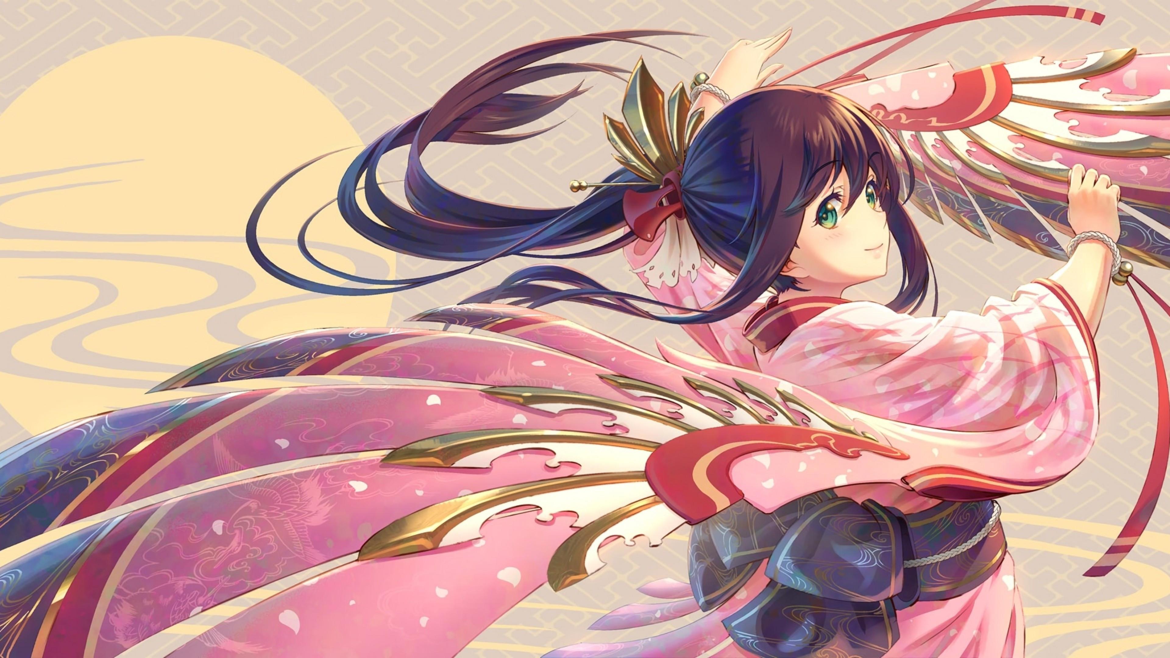 3840x2160 Download 3840x2160 Anime Girl, Kimono, Brown Hair, Dancing, Smiling Wallpaper for UHD TV