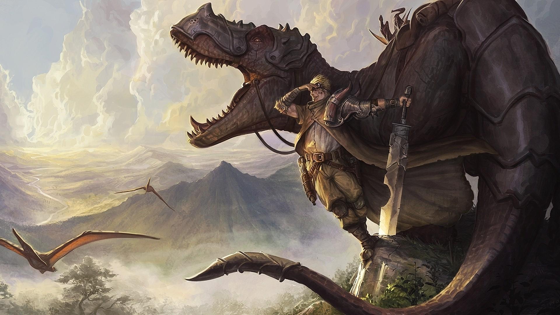 1920x1080 Fantasy Art Dinosaurs Pteranodon Tyrannosaurus Rex Sword Wallpaper:1920x1080