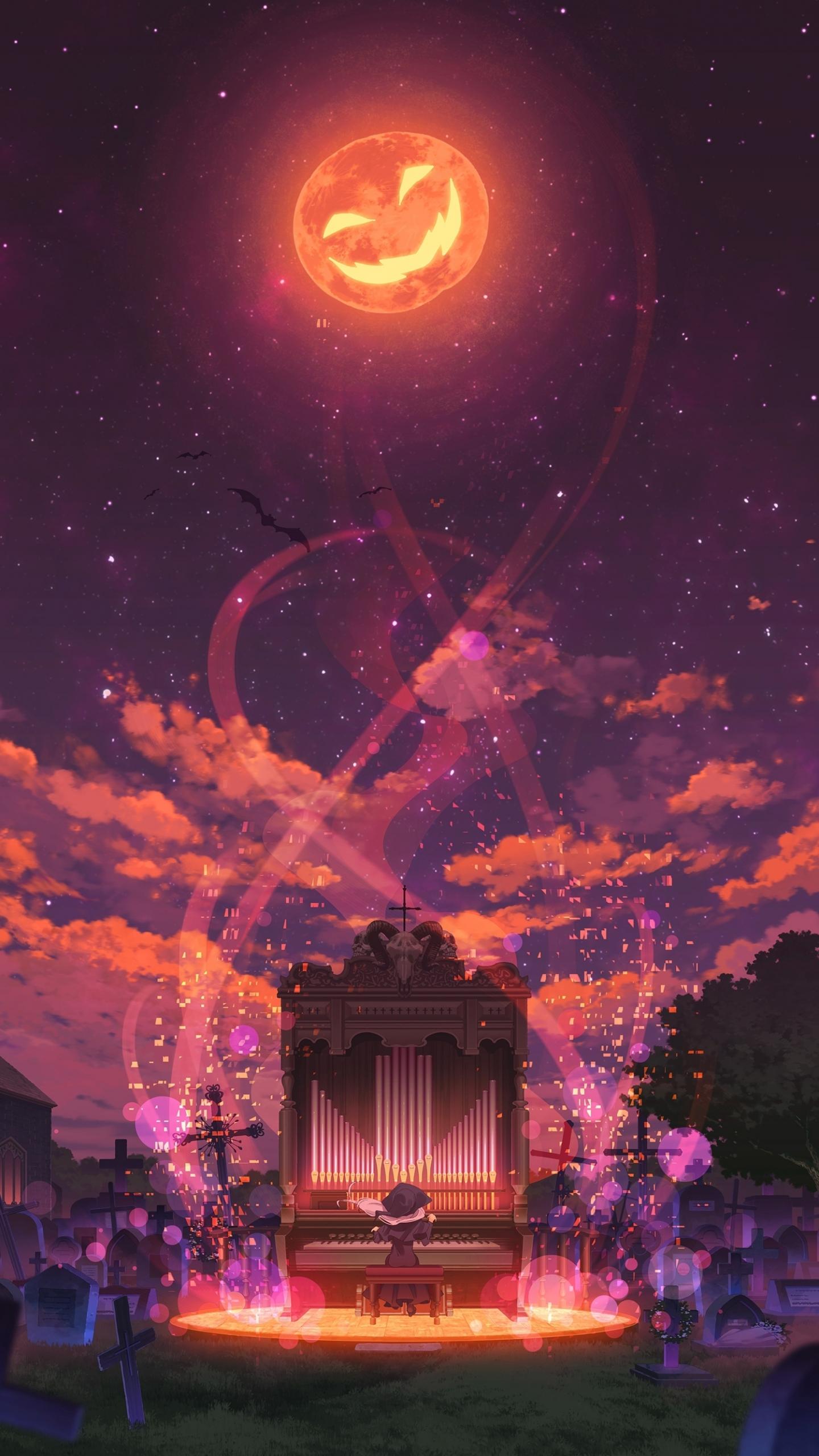 1440x2560 Wallpaper Scenic, Pumpkin Moon, Creepy Smile, Anime Girl, Halloween, Piano:1607x2660