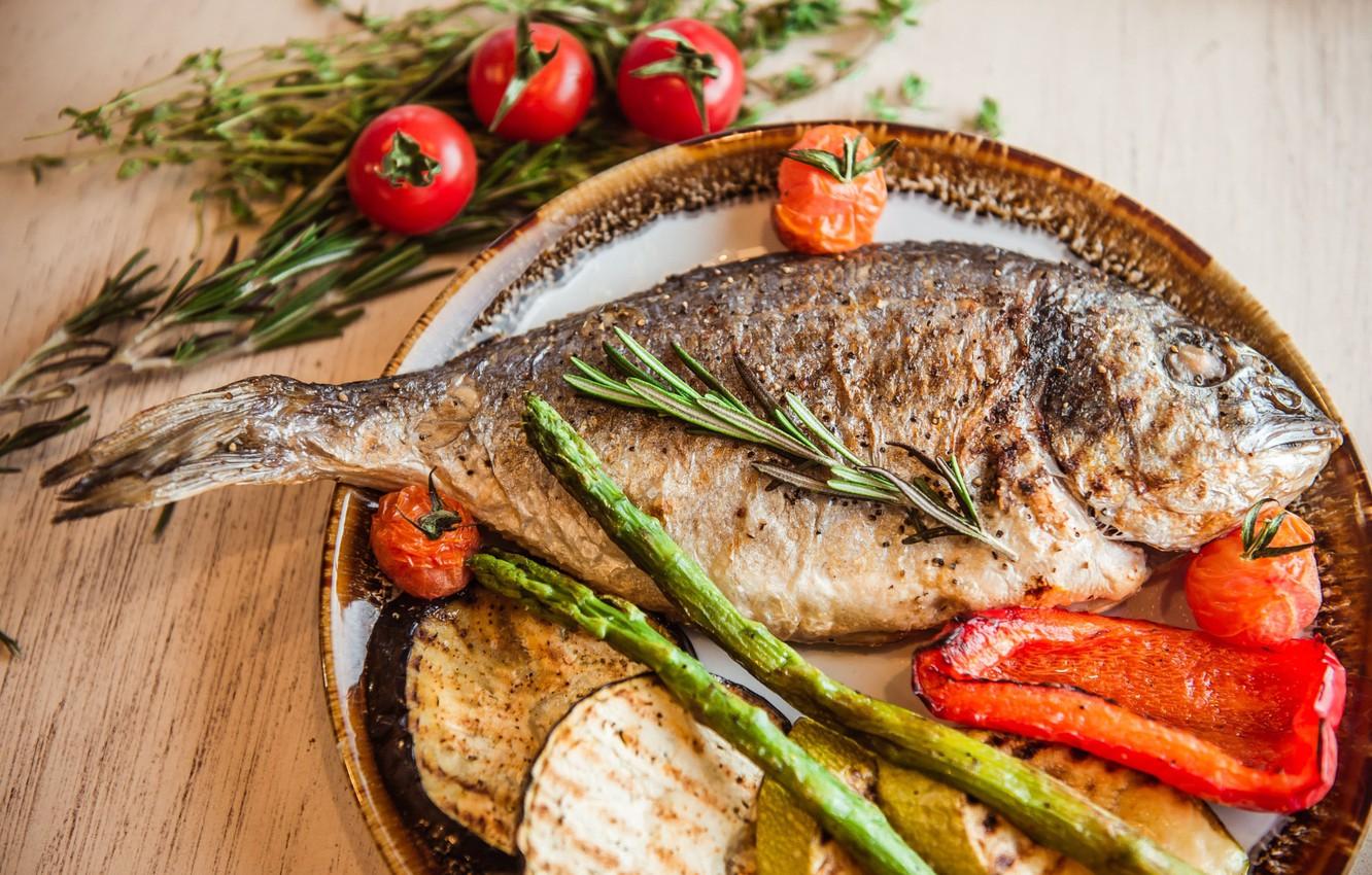 1332x850 Wallpaper fish, vegetables, grill image for desktop, section еда
