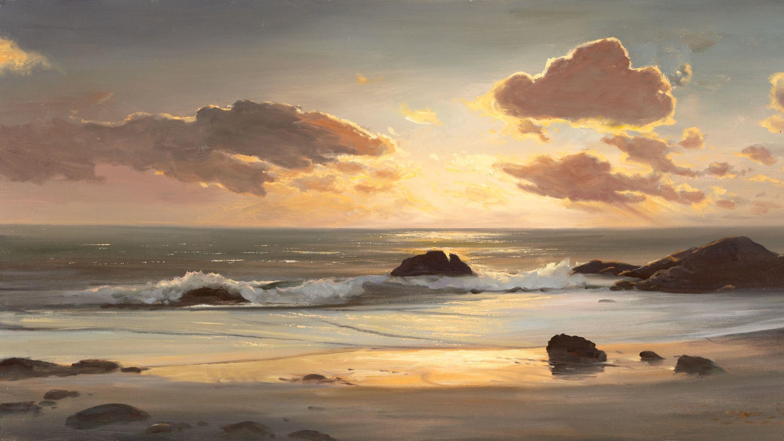 2560x1440 Download wallpaper 2560x1440 landscape, sea, coast, ocean, painting, art, beach HD background