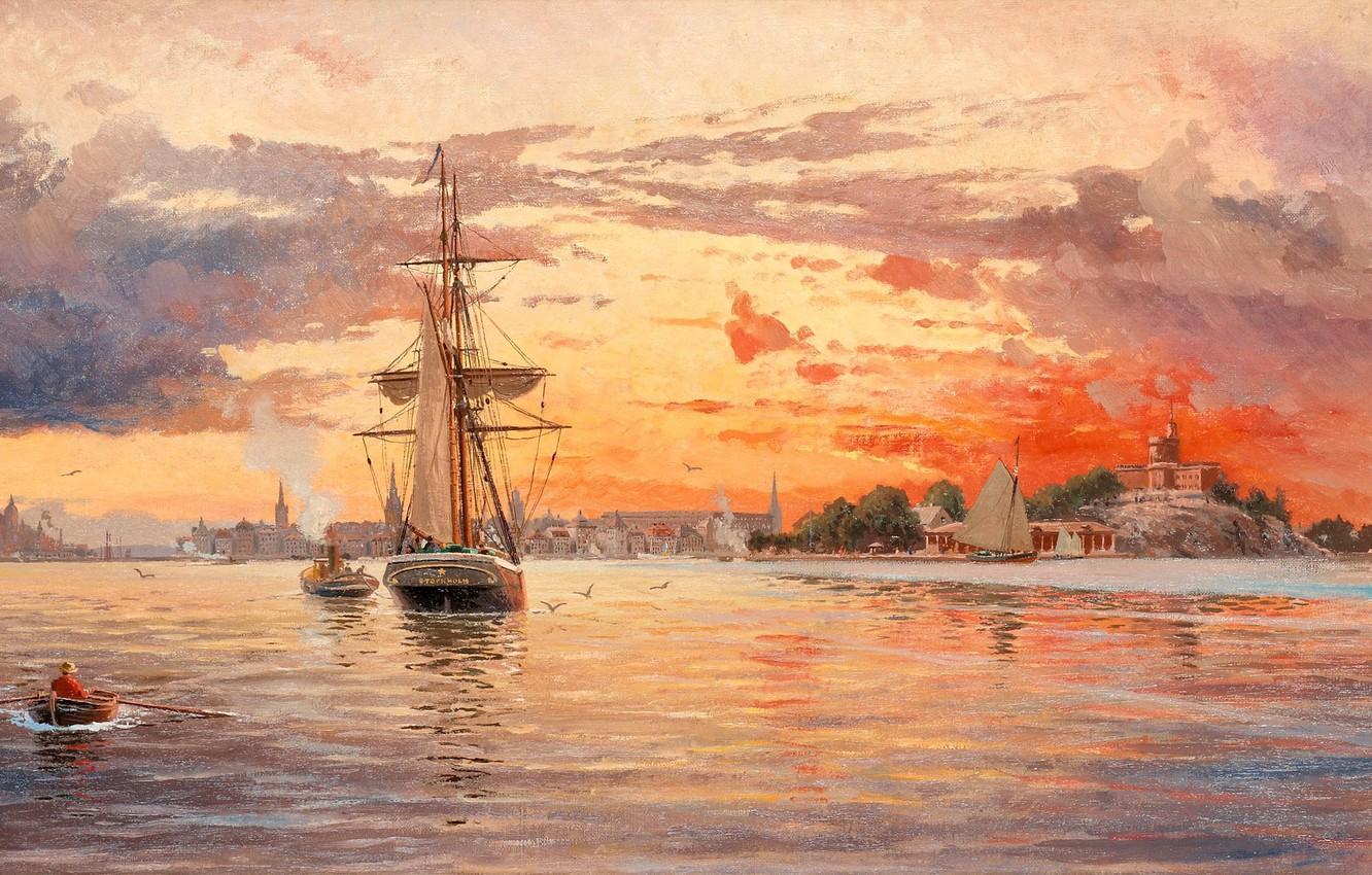 1332x850 Wallpaper the boatman, Jakob Haq, Sunset over the sea near Stockholm, Marine painter image for desktop, section живопись