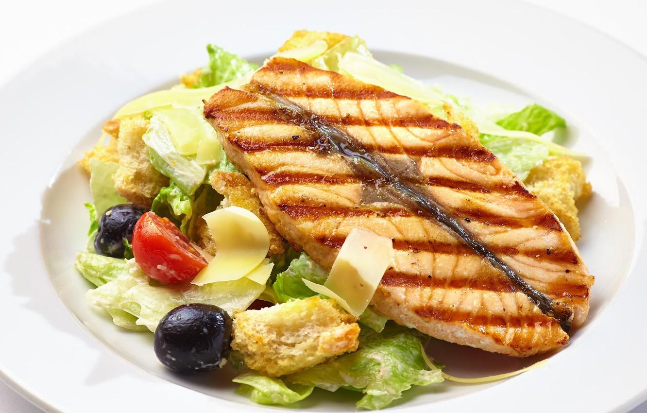 1332x850 Wallpaper fish, salad, salmon, grill image for desktop, section еда