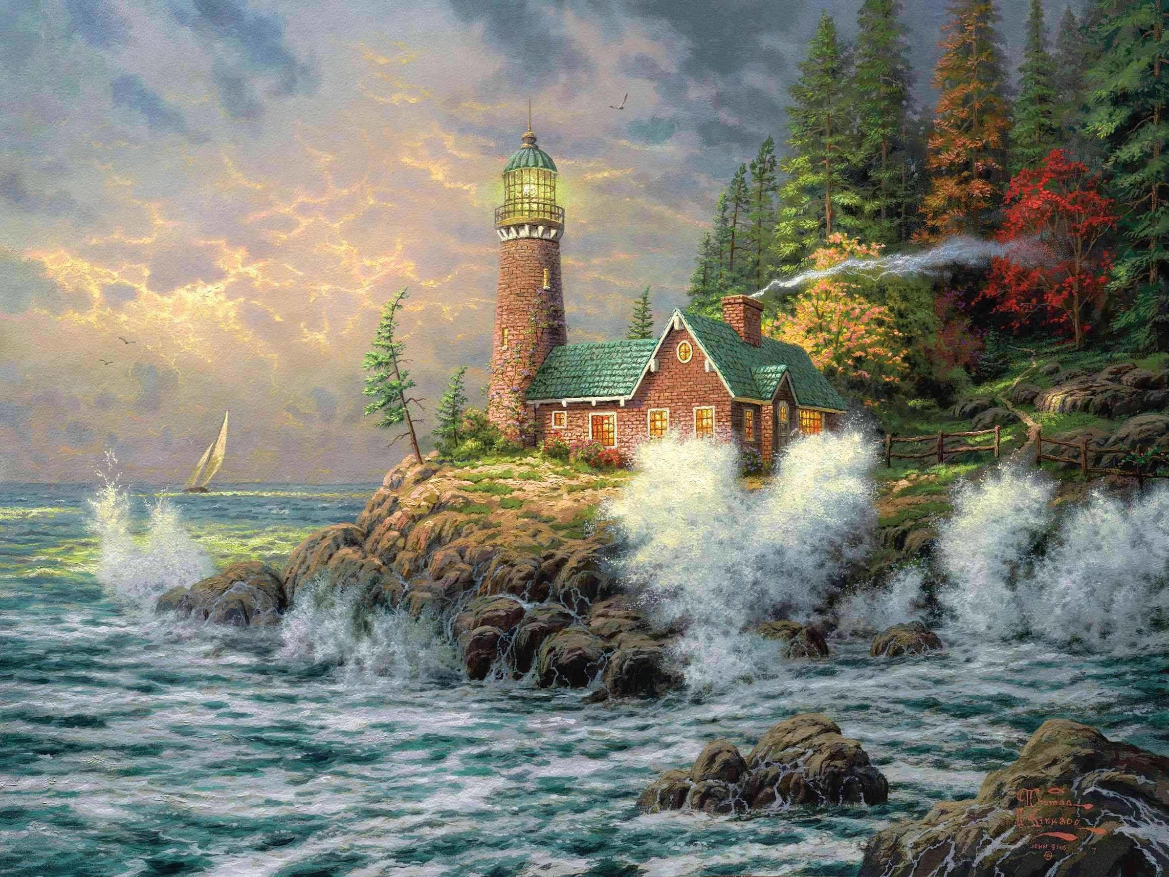 2391x1795 Wallpaper thomas kinkade, lighthouse, sea, art, painting