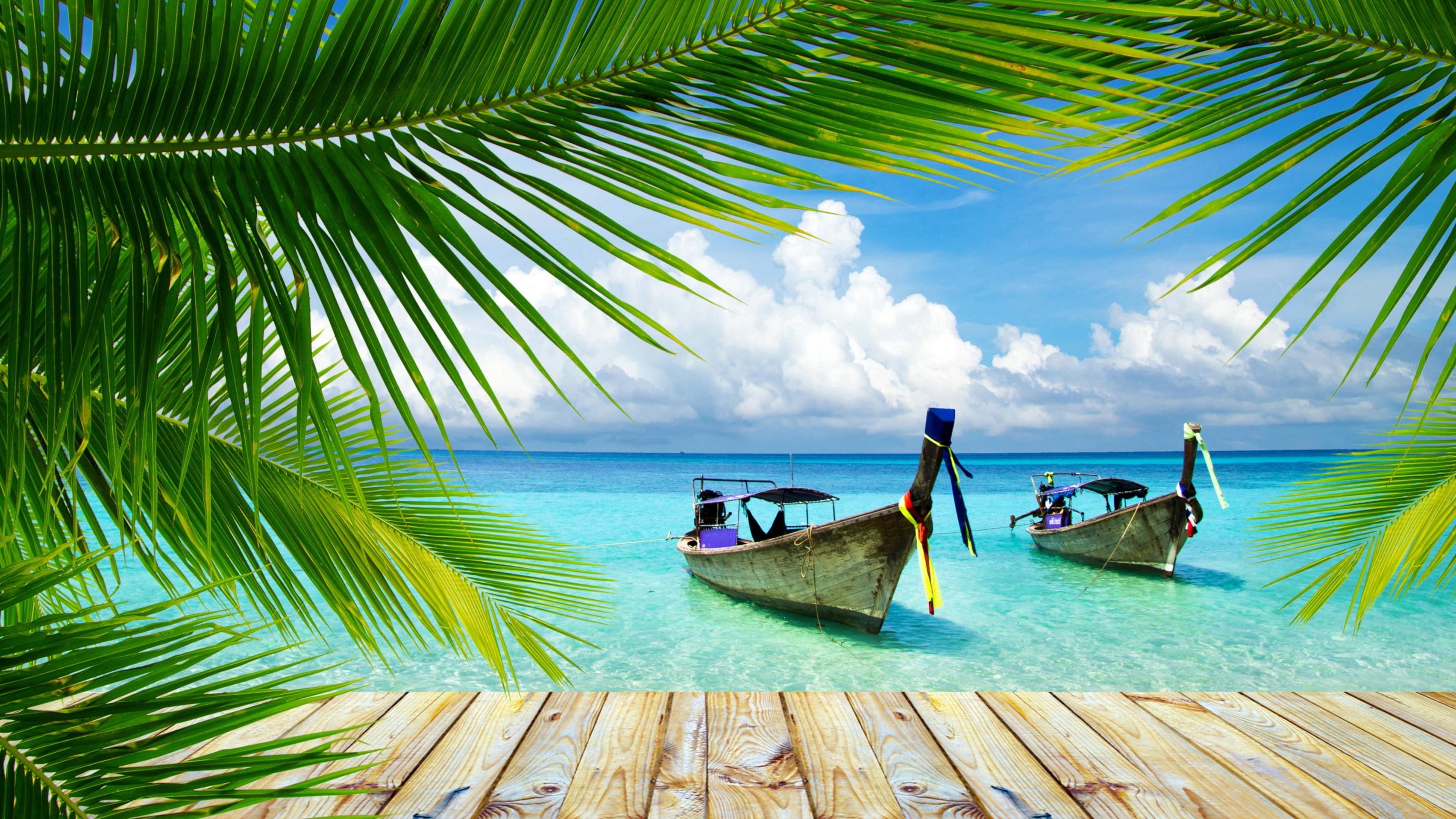3840x2160 Boat Palm Tree Tropical Beach Landscape 4K Multi Display Wallpaper