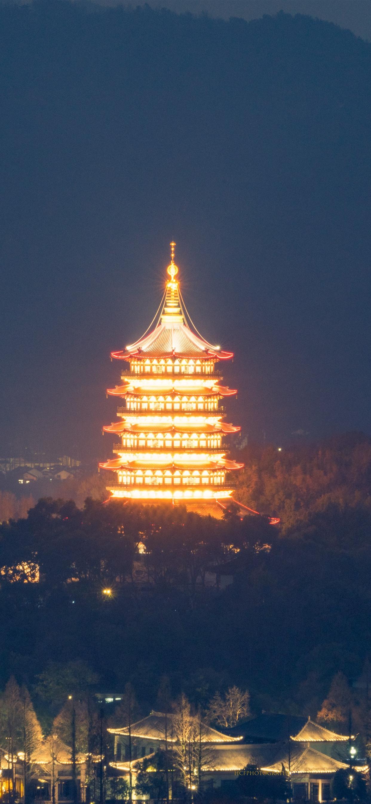 1242x2688 Wallpaper Leifeng Pagoda, Hangzhou, park, night, illumination, China 7680x4320 UHD 8K Picture, Image