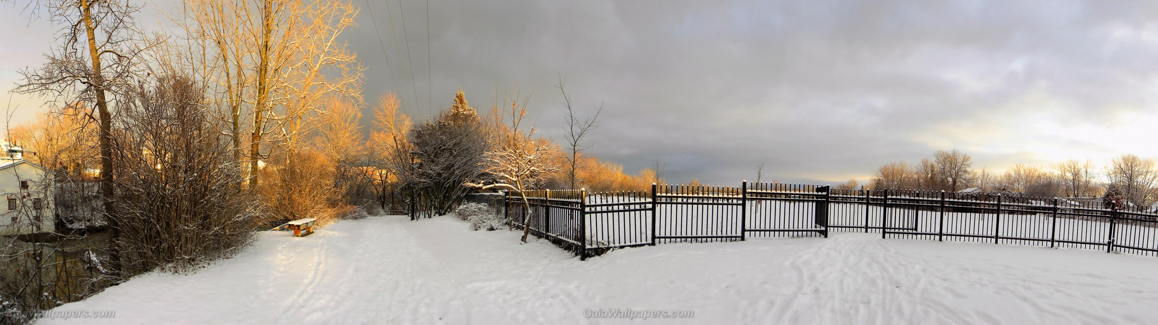 3840x1080 Winter sunset illuminating the park wallpaper 3840x1080 Desktop Wallpaper