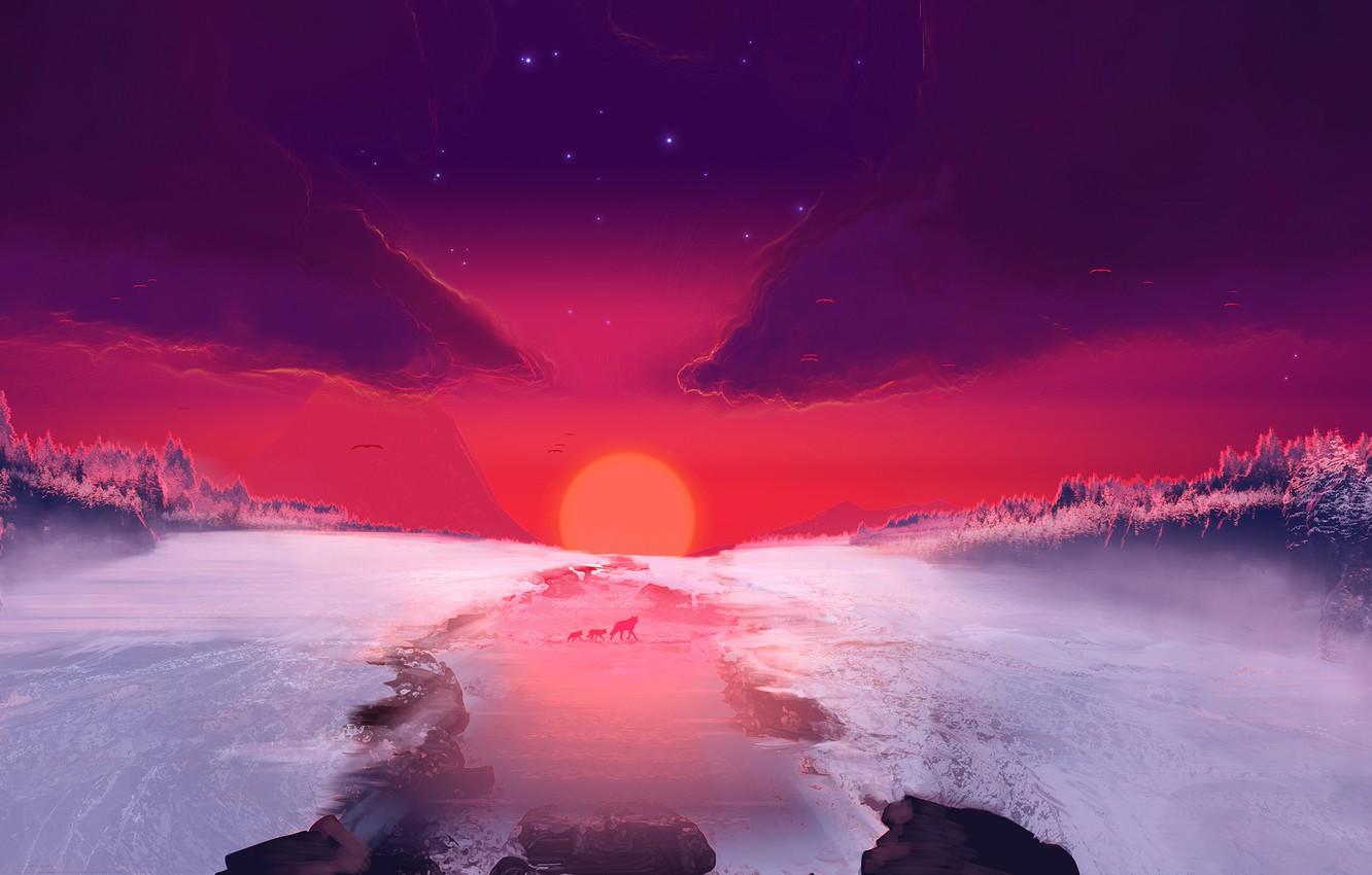 1332x850 Wallpaper Sunset, The sun, Nature, Winter, River, Fantasy, Landscape, Nature, Animals, Art, Art, Winter, Landscape, Sun, Sunset, Fiction image for desktop, section живопись