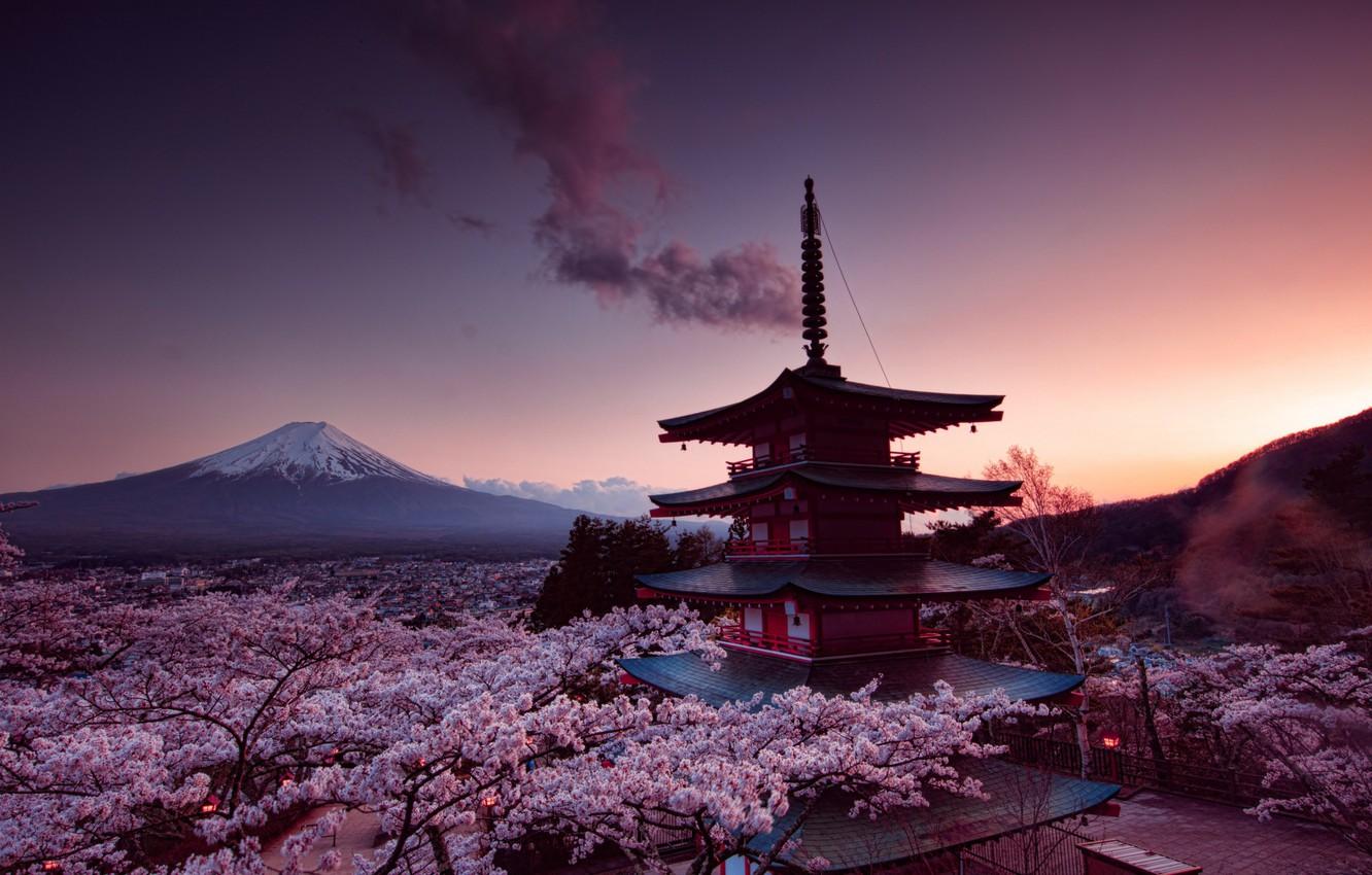 1332x850 Wallpaper Japan, Japan, Fuji, Senso Ji Supplied With, Pagoda Of Senso JI Temple, The Evening Sky, The Cherry Blossoms Image For Desktop, Section город