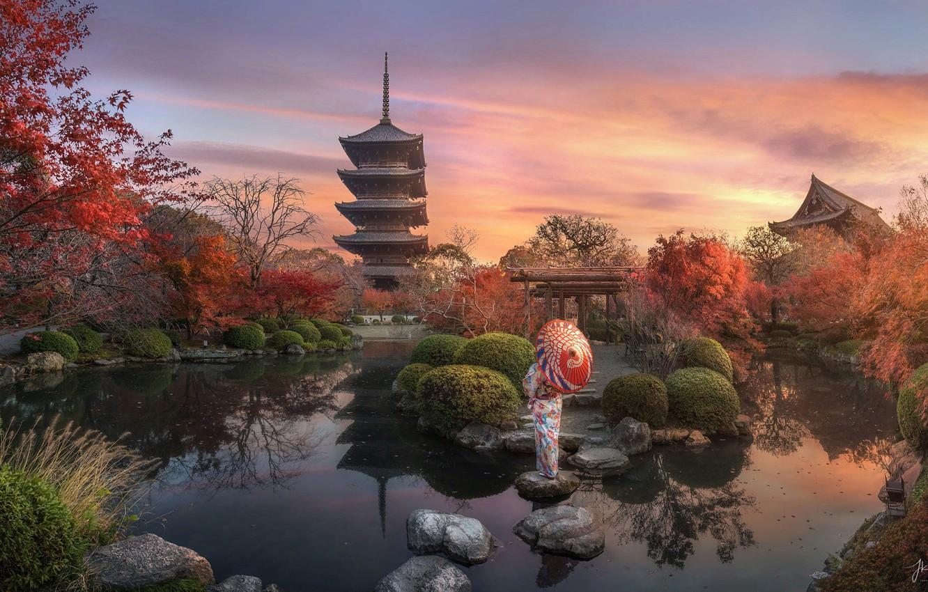 1332x850 Wallpaper autumn, landscape, sunset, nature, pond, stones, woman, Japanese, the evening, Japan, garden, pagoda, Kyoto image for desktop, section пейзажи