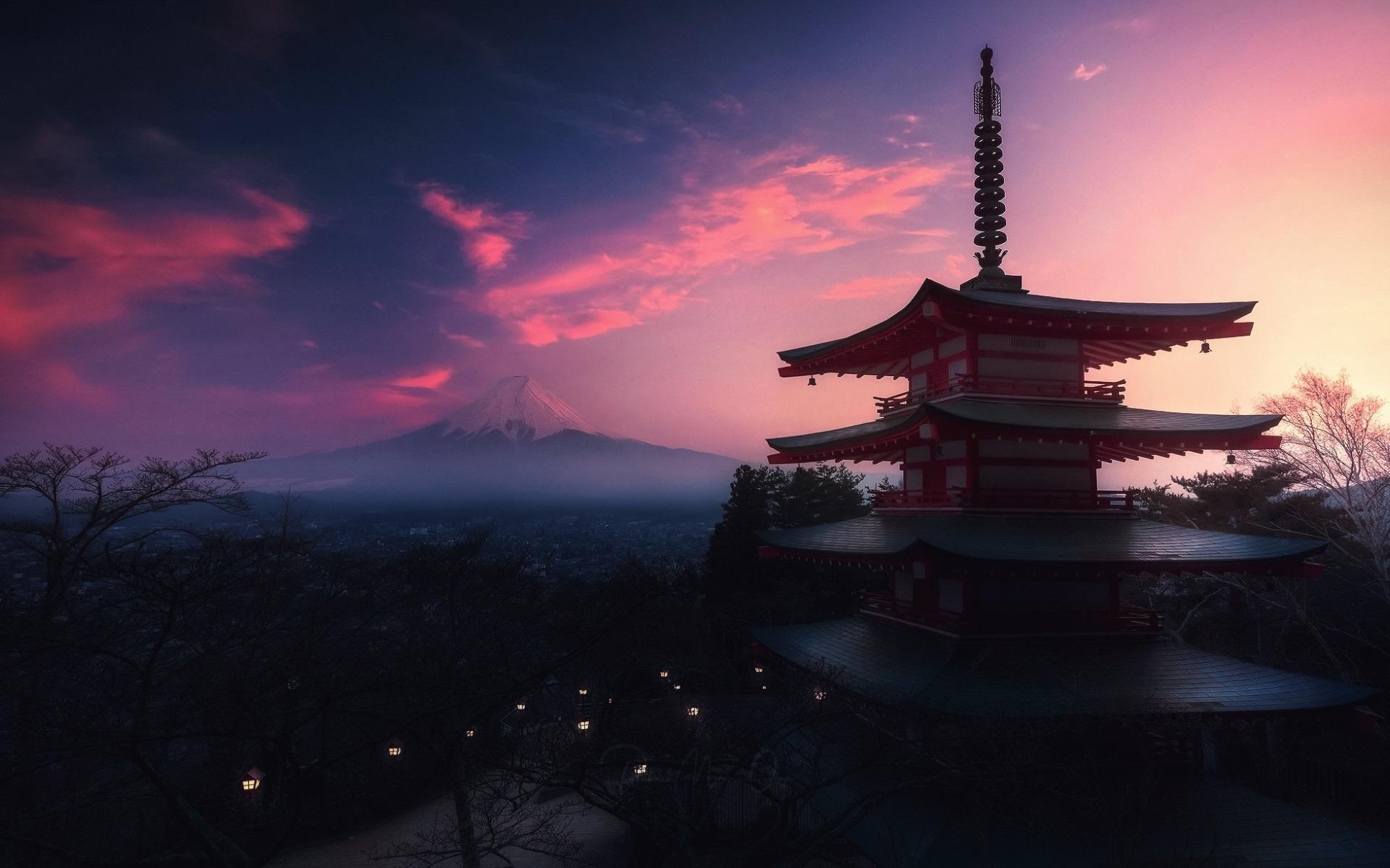 1920x1200 Mount Fuji, Evening, Sunset, Pagoda, Japanese Temple