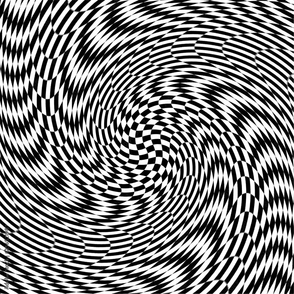 1000x1000 Hypnotic optical illusion in black and white color. Vision 3D geometric background. Abstract optic modern shape in circle. Creative wallpaper for web, print, card, screen. Stock Illustration