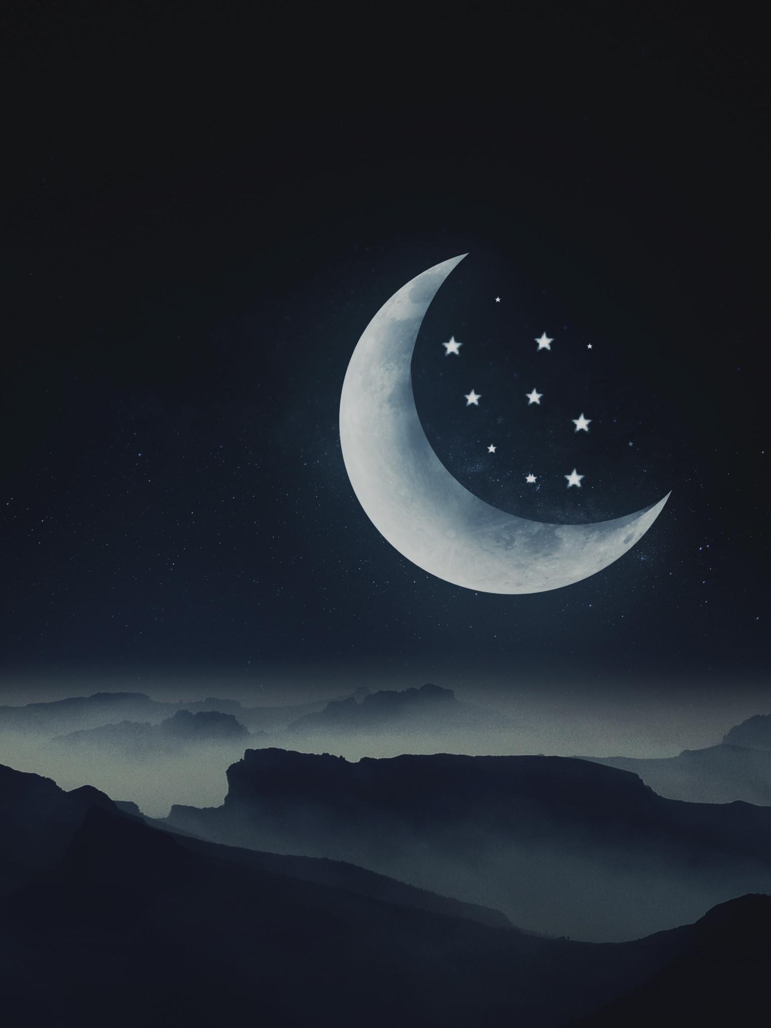1536x2048 Half moon Wallpaper 4K, Stars, Mountains, Night, Cold, Aesthetic, Nature