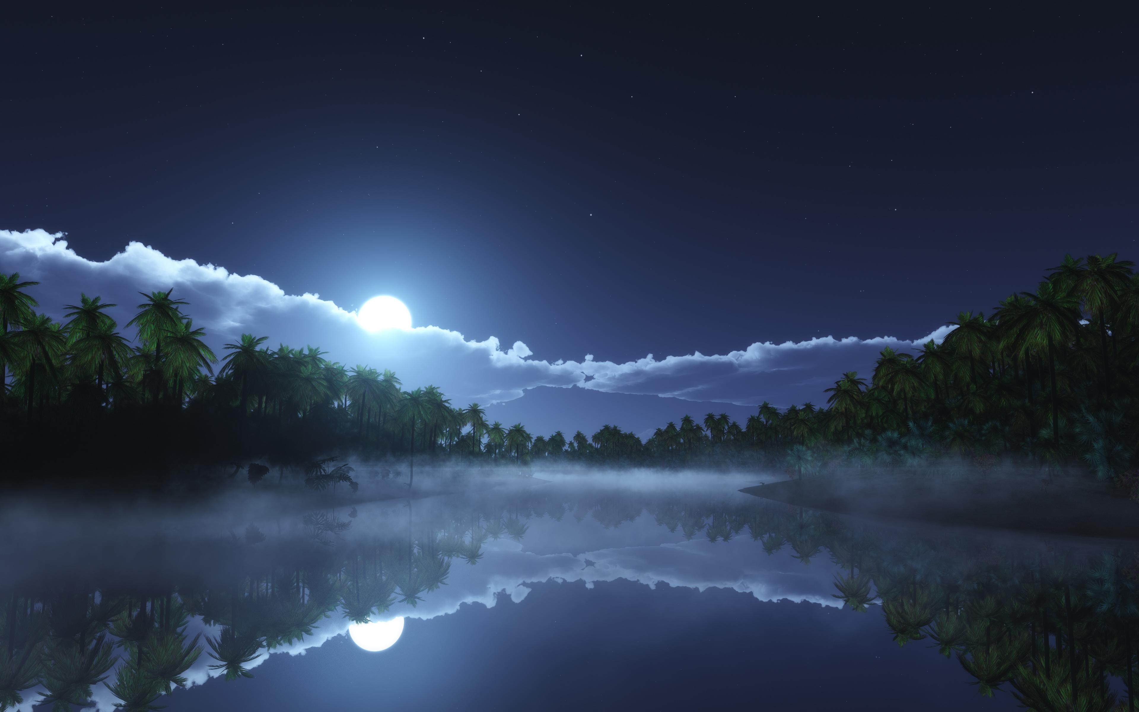 3840x2400 Download 3840x2400 full moon, reflection, cold night, tropical, starry sky 4k wallpaper, 4k, ultra HD 16:10 wallpaper, 3840x2400 HD image, background, 17350