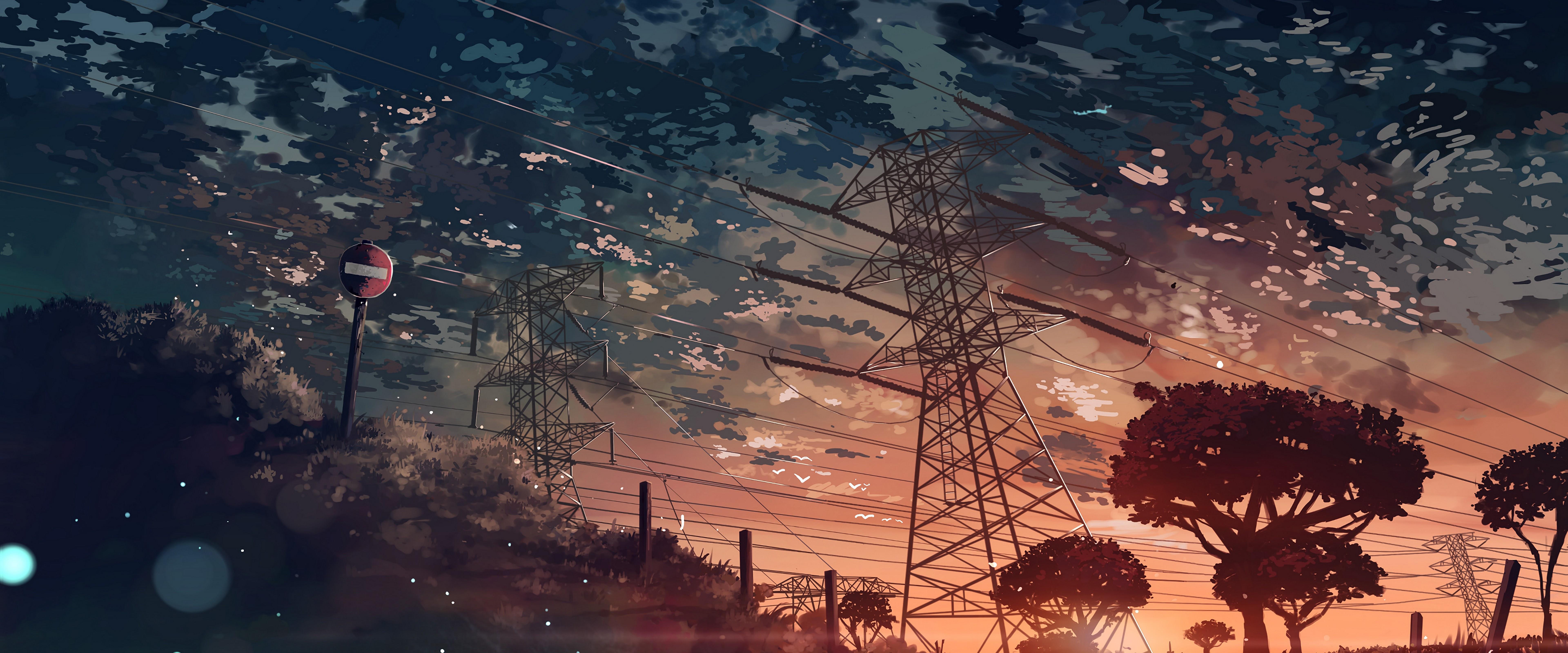 7680x3200 Anime Scenery Sunset 4K Wallpaper
