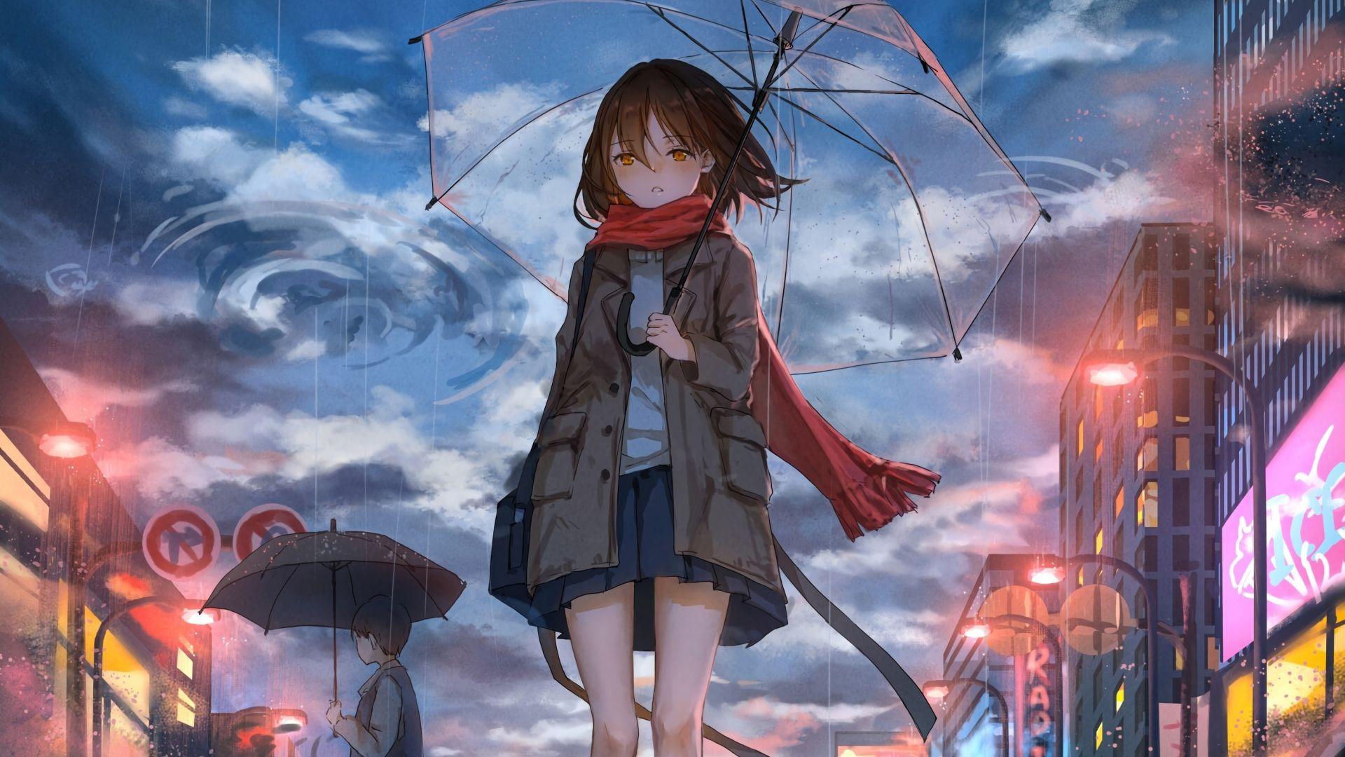 1920x1080 Girl with umbrella, rain, anime, original wallpaper, HD image, picture, background, 1e65db