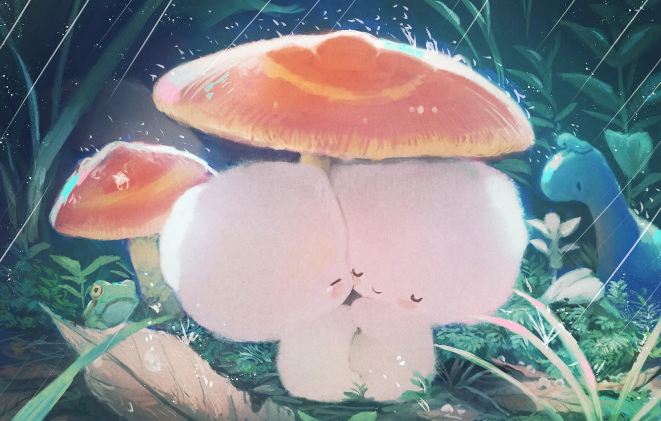 1332x850 Wallpaper nature, rain, mushrooms, frog, crank, dinosaur image for desktop, section арт