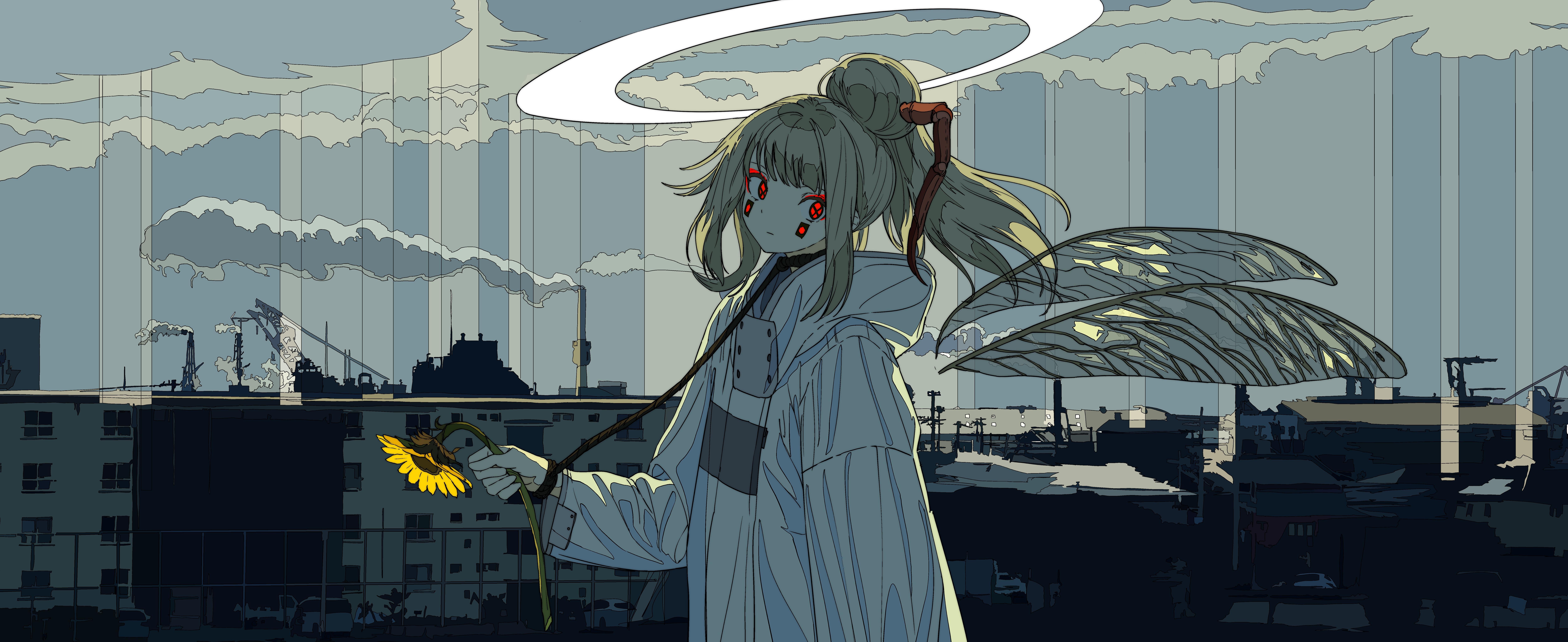 10000x4094 Wallpaper Red Eyes, Anime Girl, Buildings, Polychromatic, Clouds, Tattoo:10000x4094