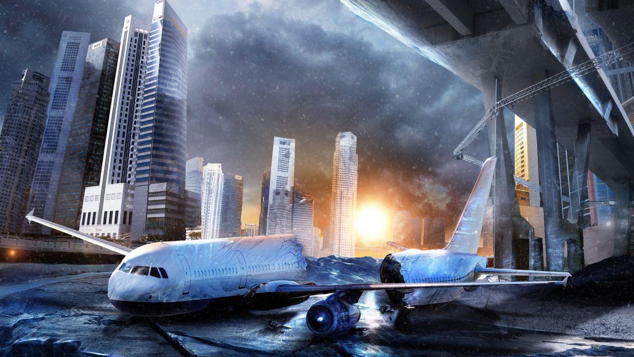 1244x700 Airplane Buildings Skyscrapers Crash Sunset cities aircraft wallpaperx1080