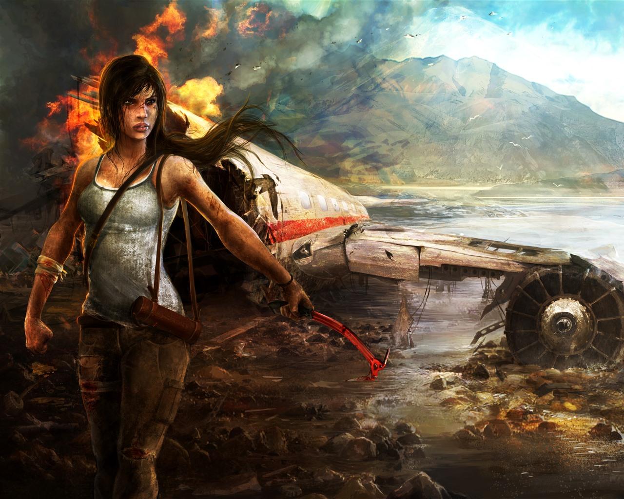 1280x1024 Wallpaper Tomb Raider, island, plane, crash, Lara Croft, fire 5120x2880 UHD 5K Picture, Image