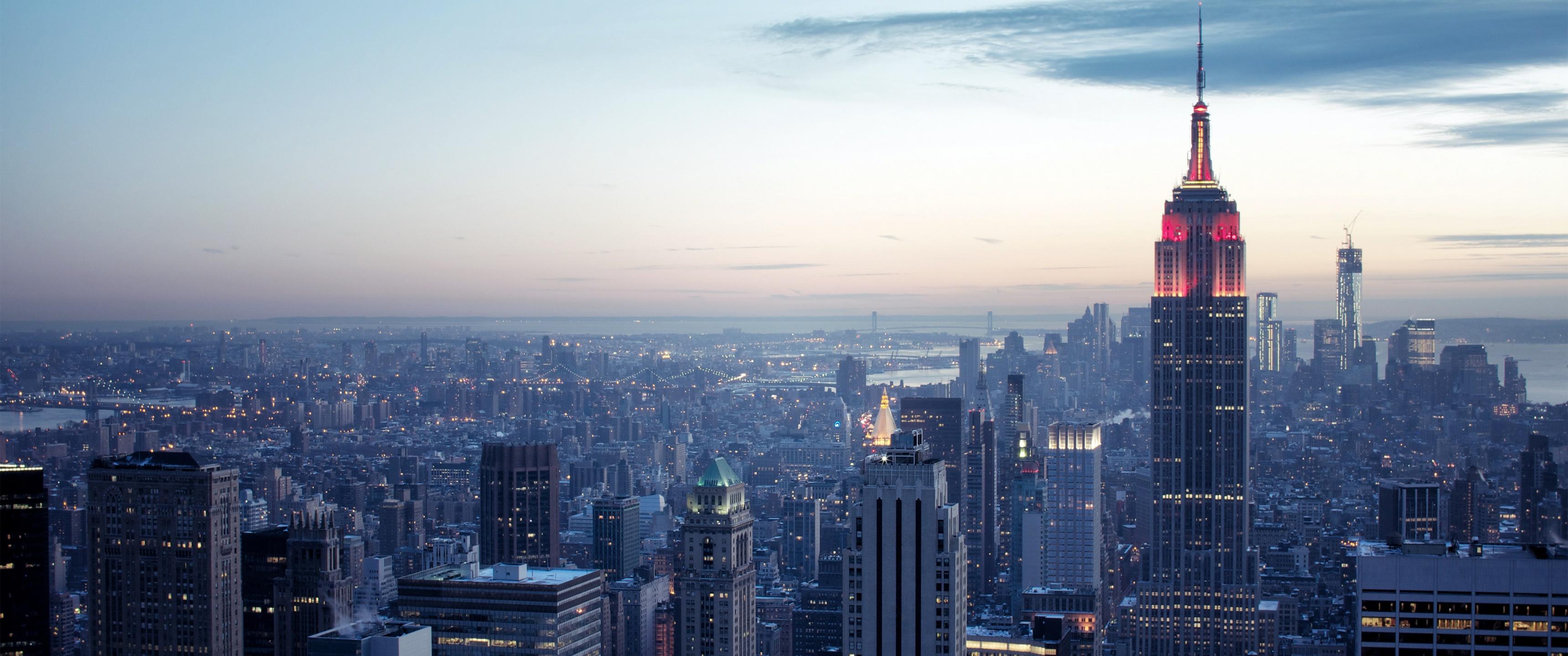 3440x1440 New York City Wallpaper 4K, Cityscape, City Skyline, Sunset, Dusk, World