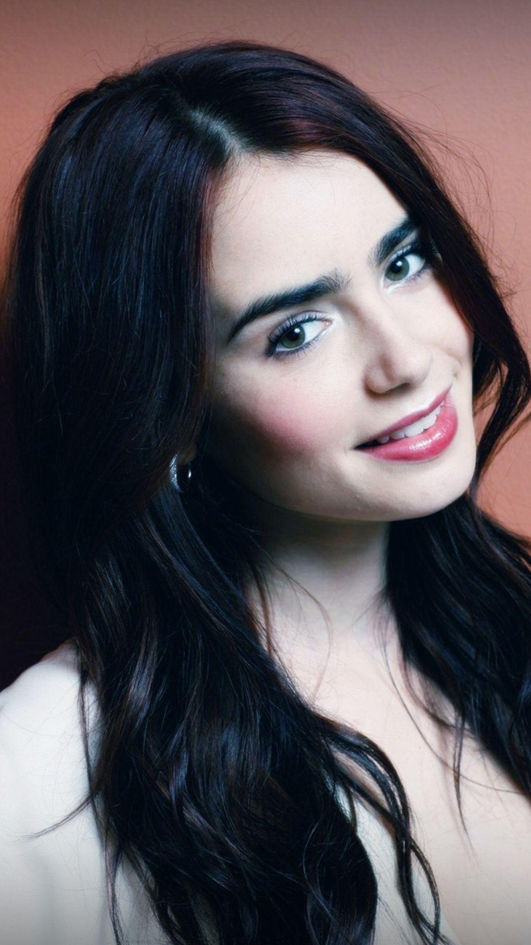 1080x1920 HD Background Lily Collins Actress Hollywood Smiling Face Wallpaper