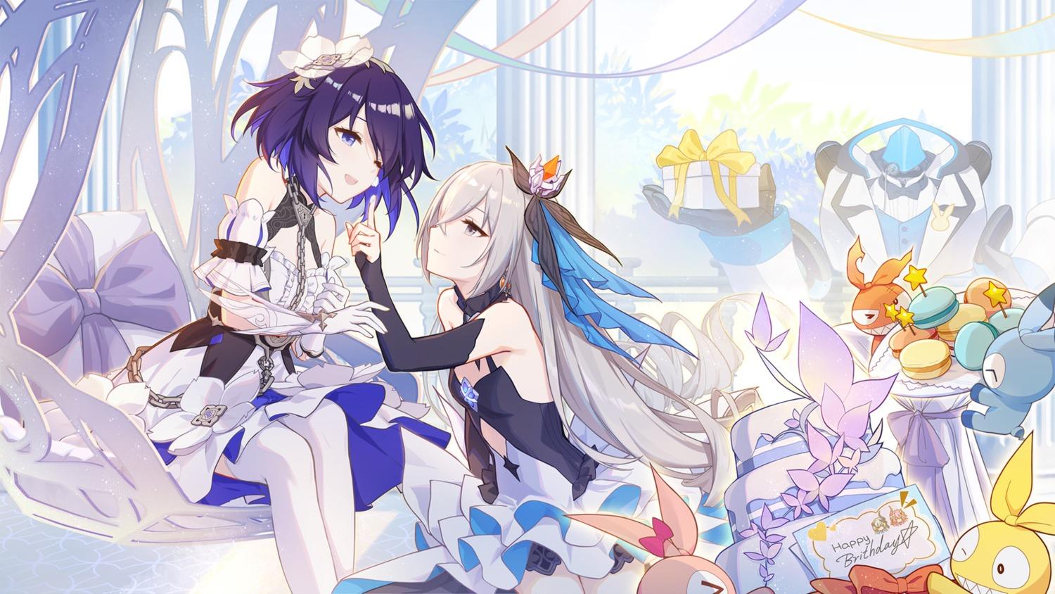 1500x844 benghuai xueyuan honkai impact bronya zaychik seele vollerei cream dress tagme thighhighs wallpaper yuri