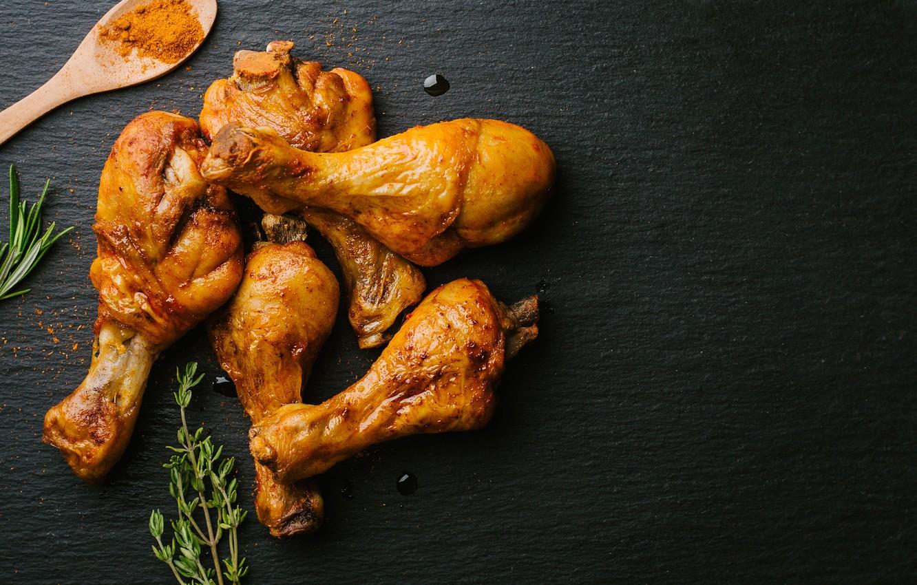 1332x850 Wallpaper chicken, legs, black background, rosemary, curry, seasoning, chiken image for desktop, section еда